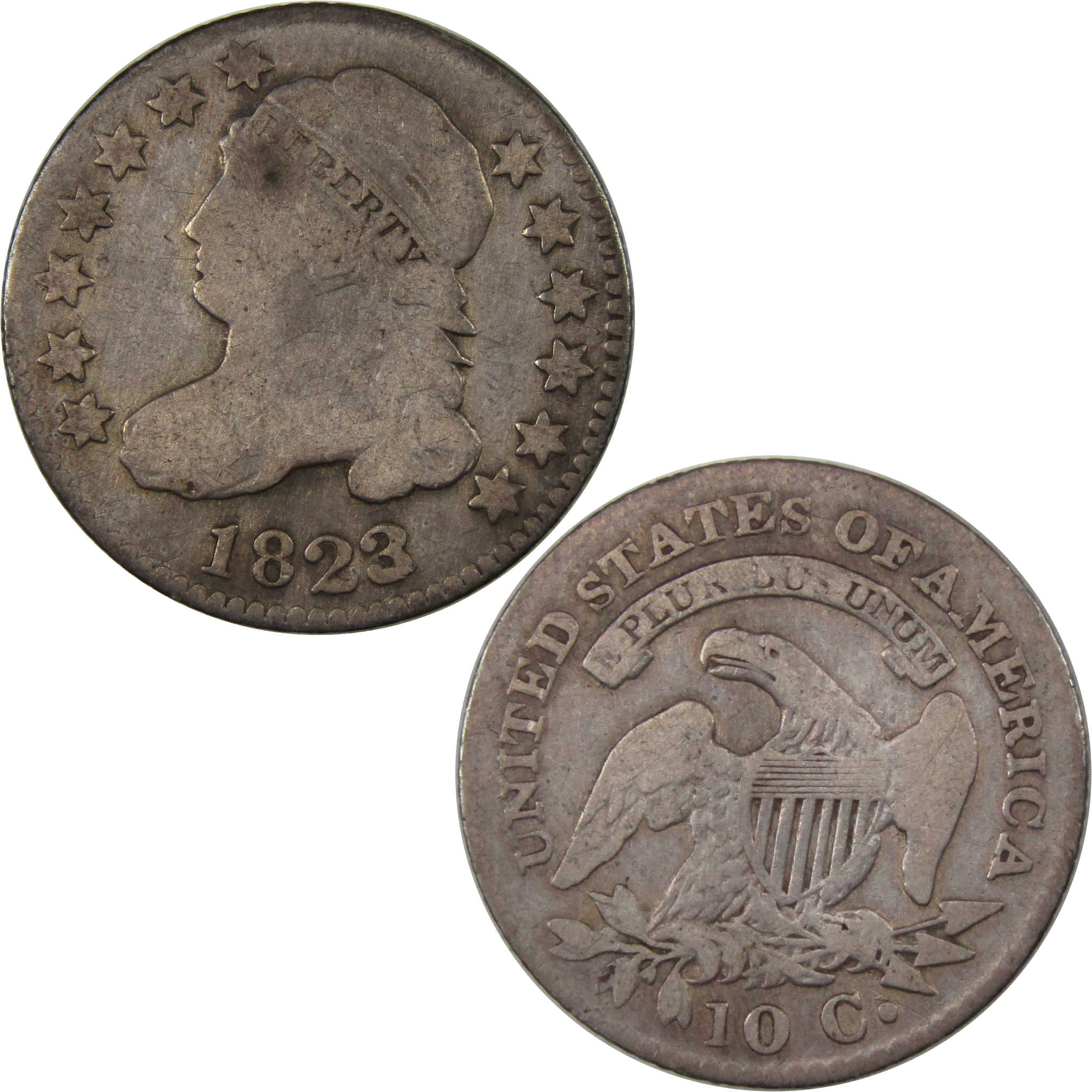 1823/2 Large E's Capped Bust Dime VG Very Good Details SKU:I23474