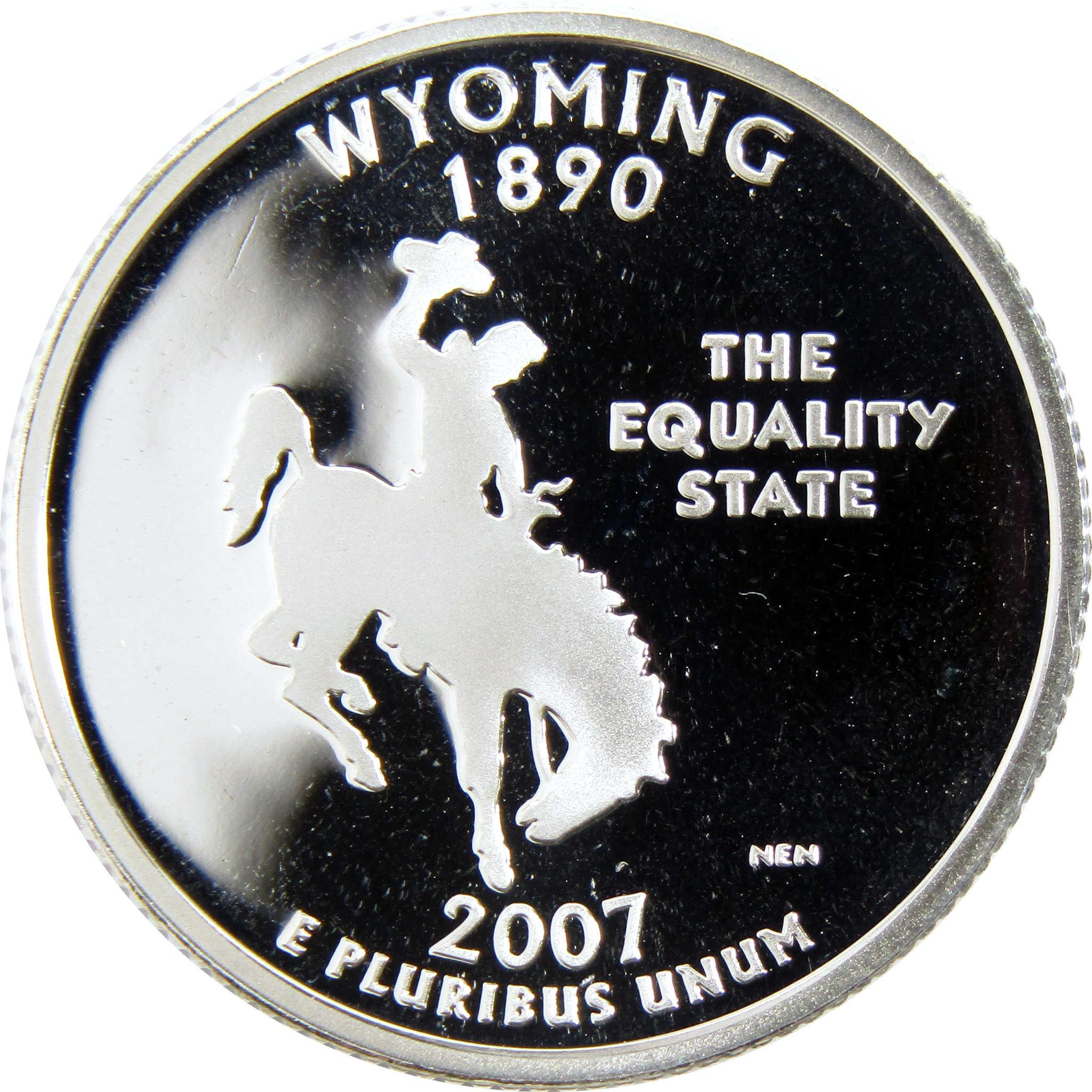 Wyoming 2007 state quarter featuring a cowboy on a bucking horse and The Equality State text.
