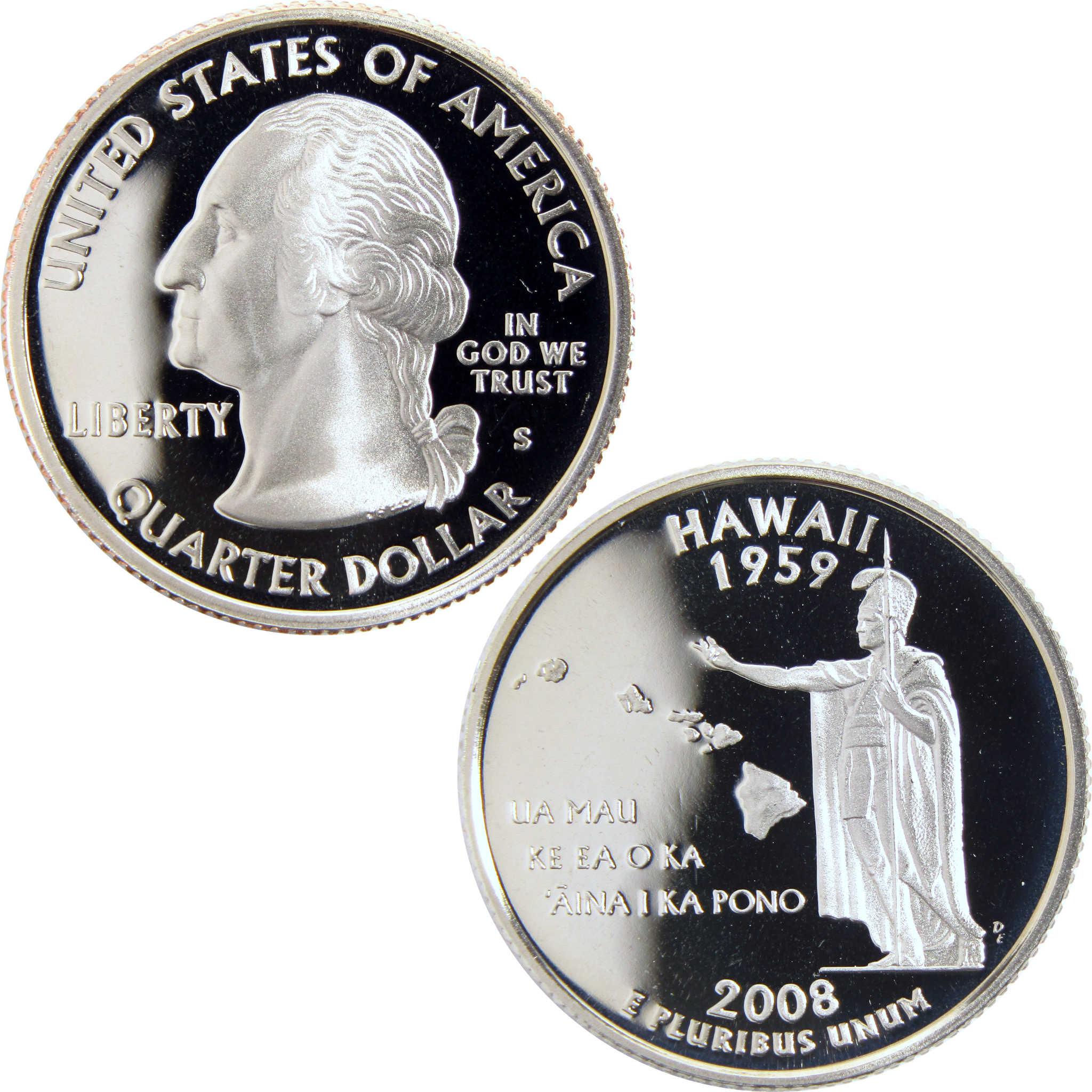 2008 Hawaii state quarter dollar coin, obverse with George Washington, reverse with statue and islands