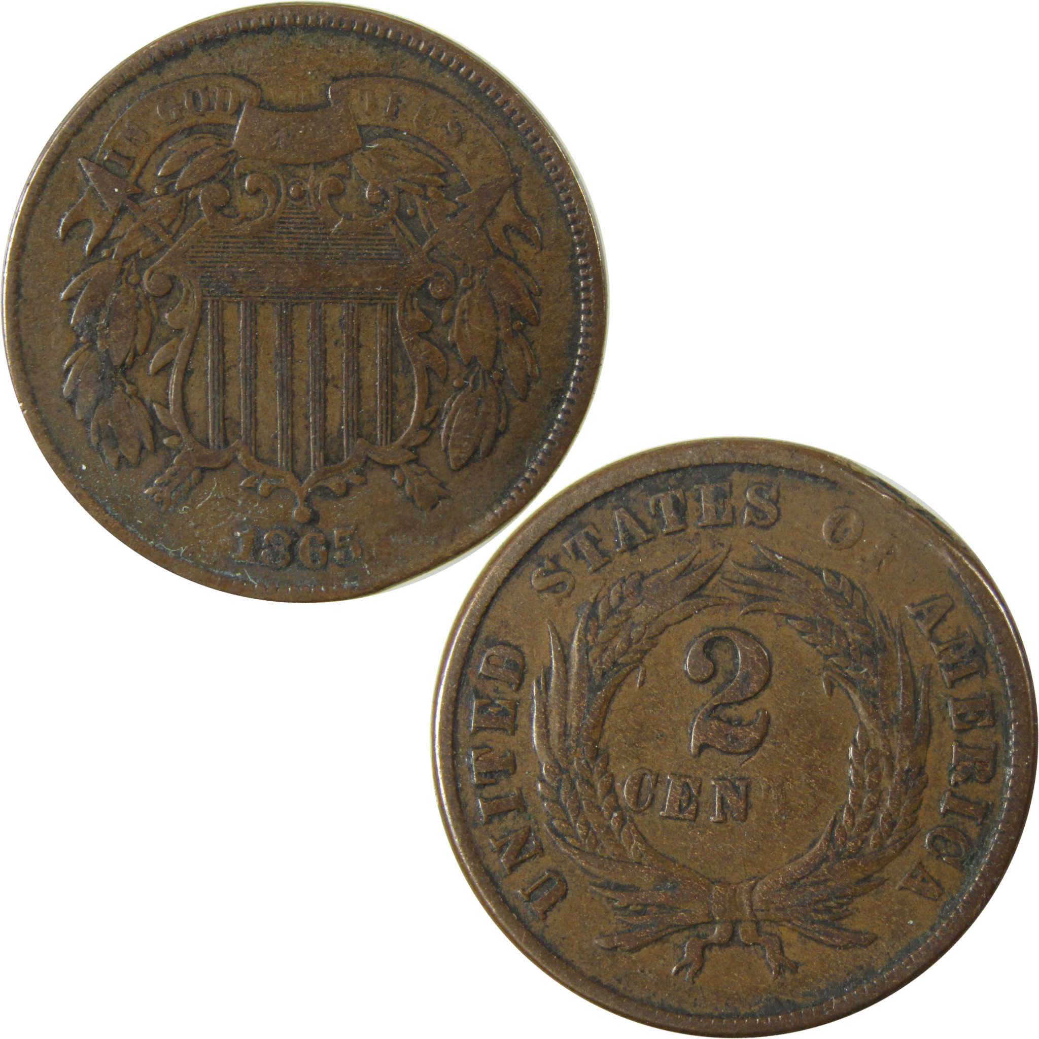 1865 Two Cent Piece F Fine 2c Coin Planchet Flaw SKU:I28243