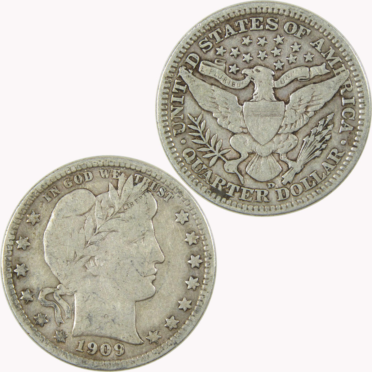 1909 D Barber Silver Quarter F Fine 25c Coin Collectible