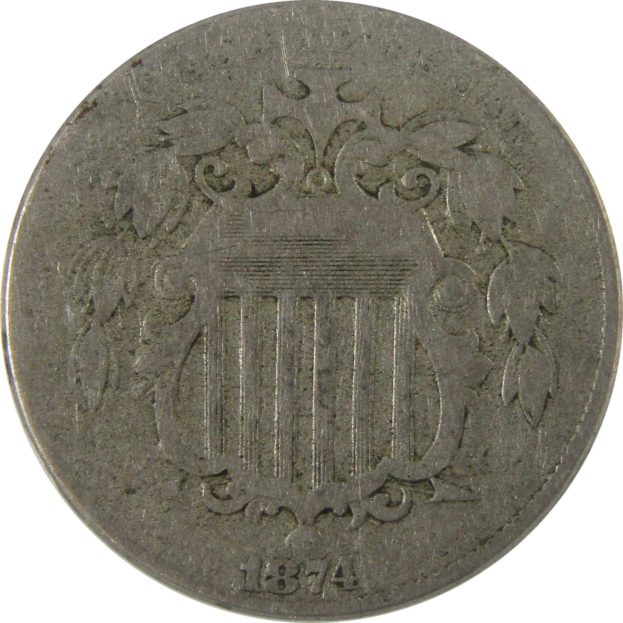 1874 Shield Nickel F 15 ANACS 5c Coin Collectible SKU:I28037