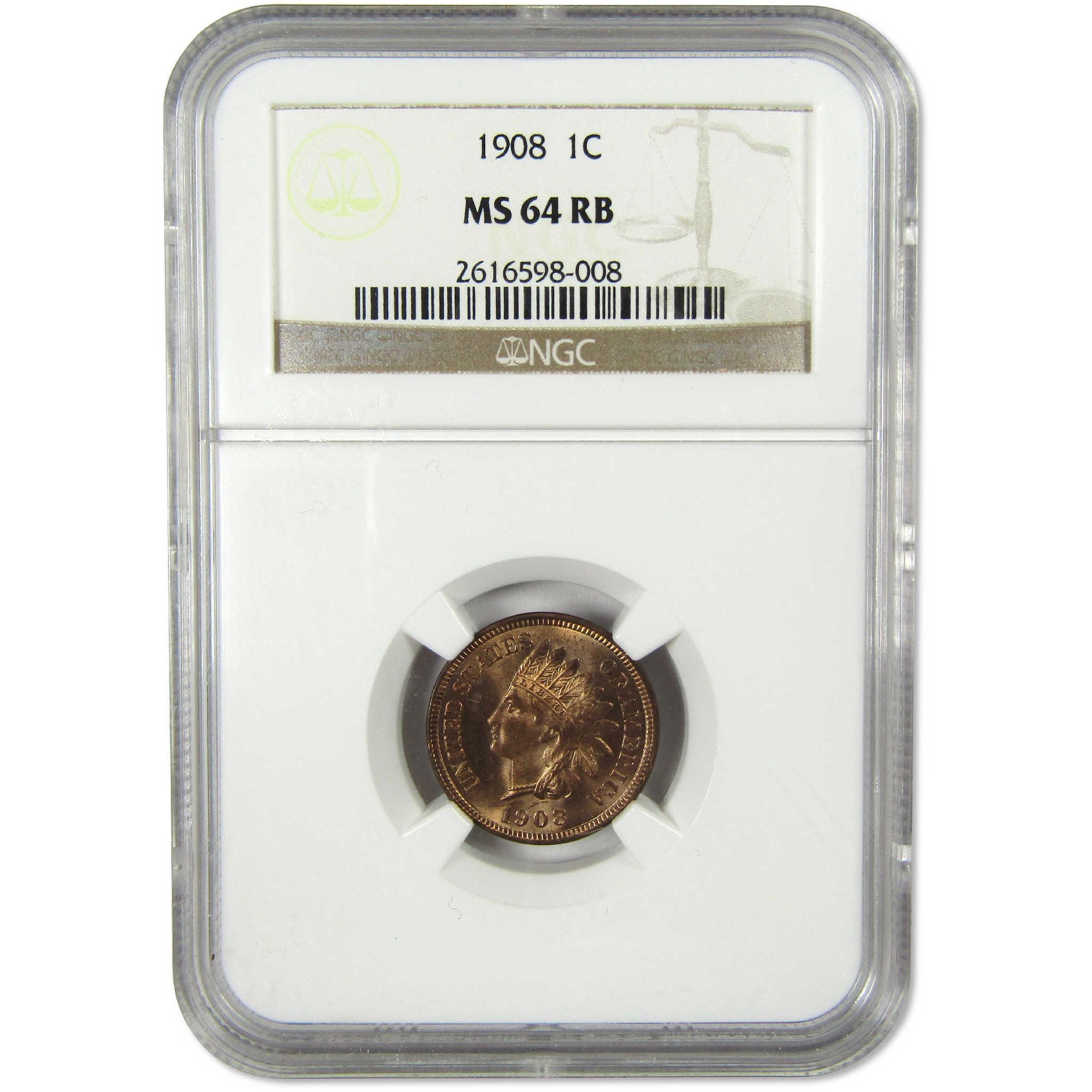 1908 Indian Head Cent MS 64 RB NGC Penny Uncirculated 1c Coin