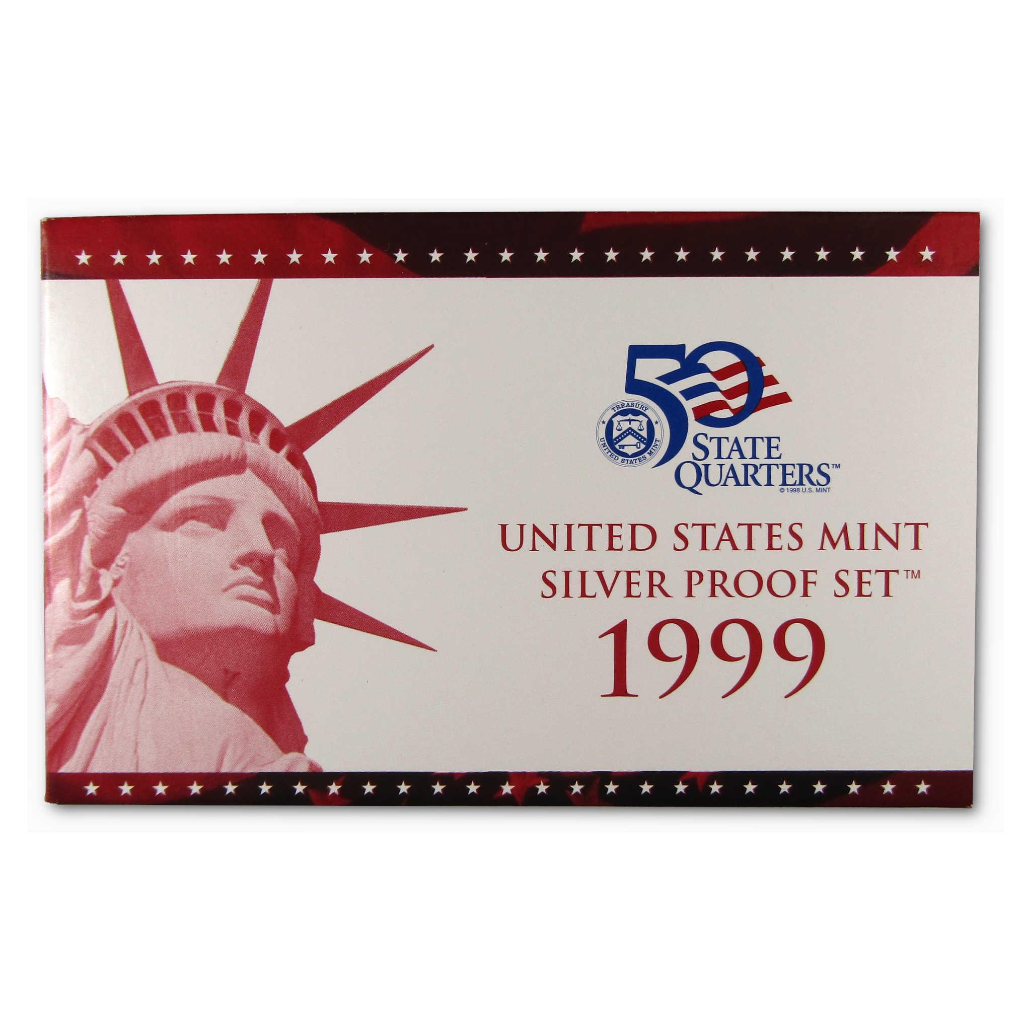 1999 United States Mint Silver Proof Set box with Statue of Liberty and 50 State Quarters logo