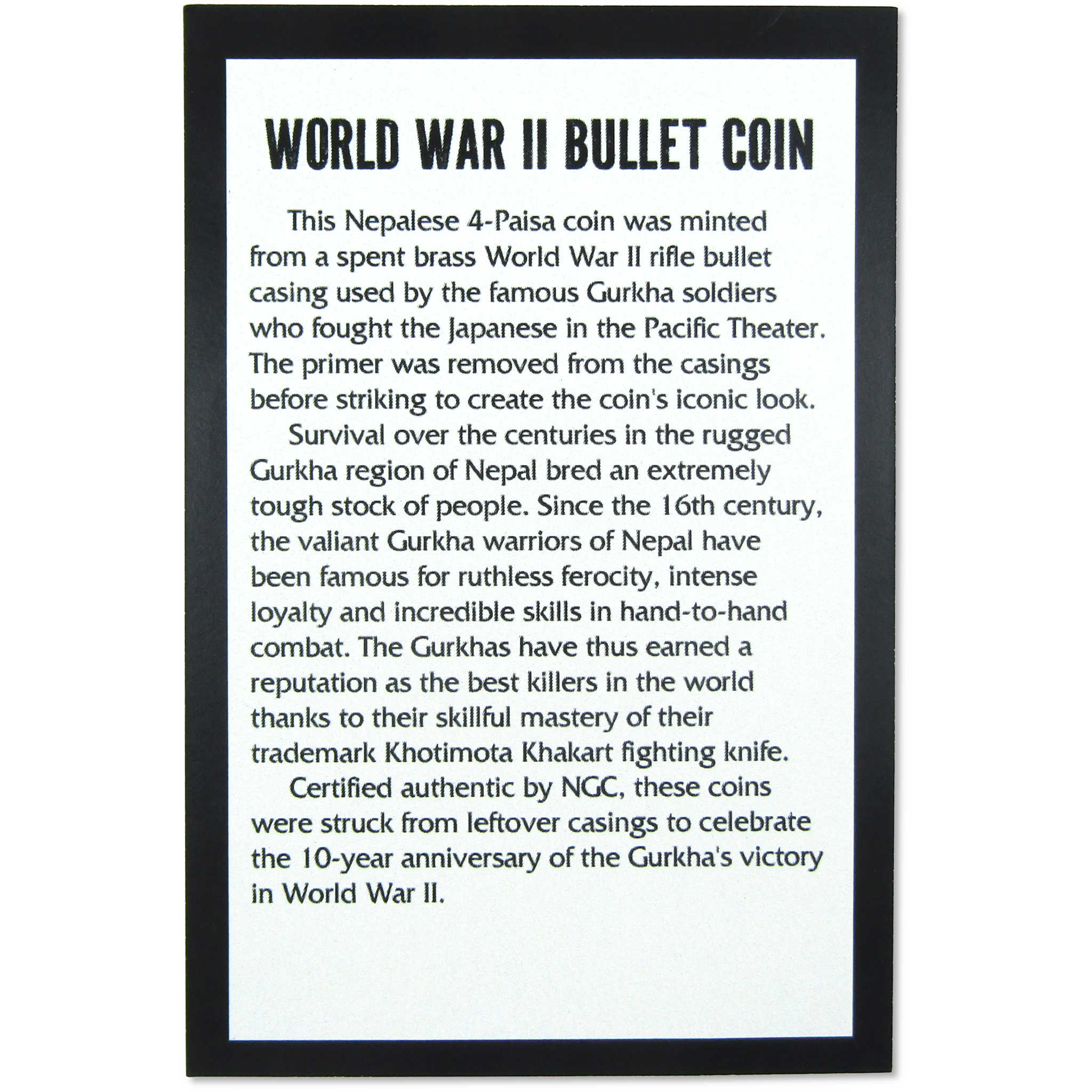 VS2012(1955) World War II Gurkha Bullet Coin Nepal 4P NGC SKU:OPC144