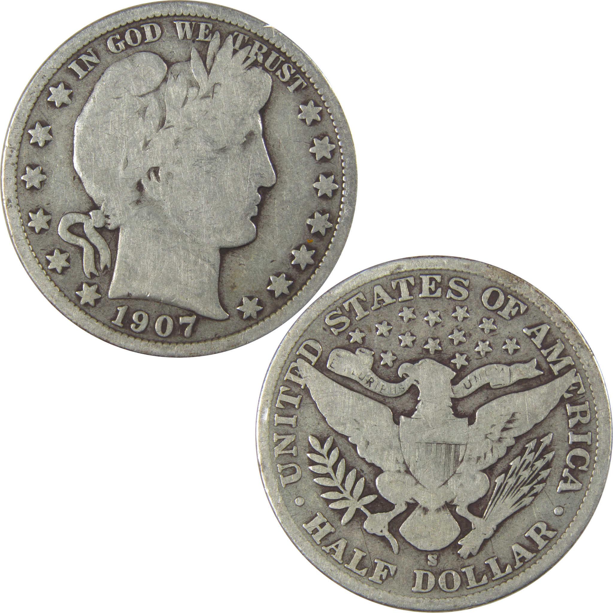 1907 S Barber Half Dollar VG Very Good Silver 50c Coin SKU:I22760