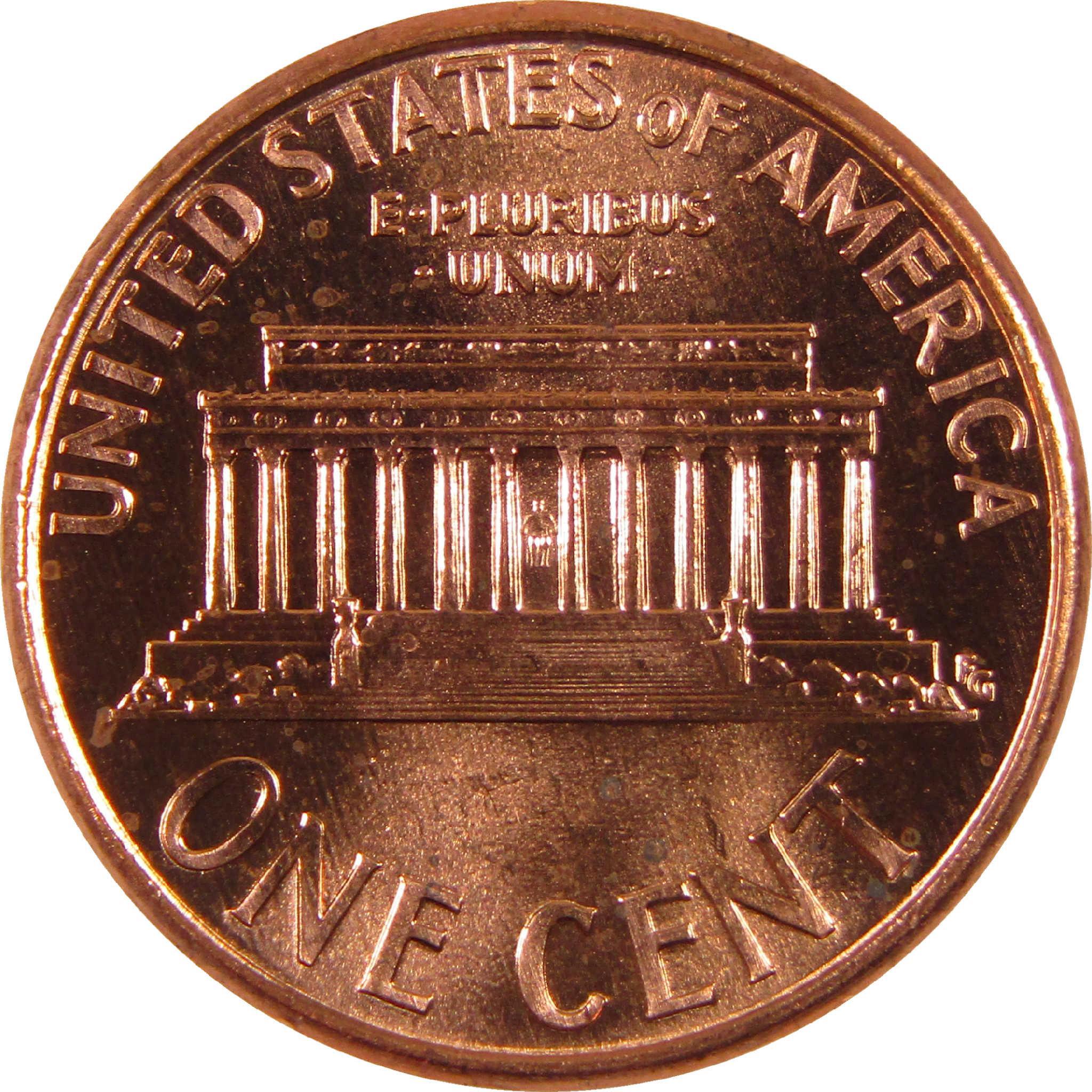 Reverse side of a collectible US Lincoln Memorial penny, copper one cent coin