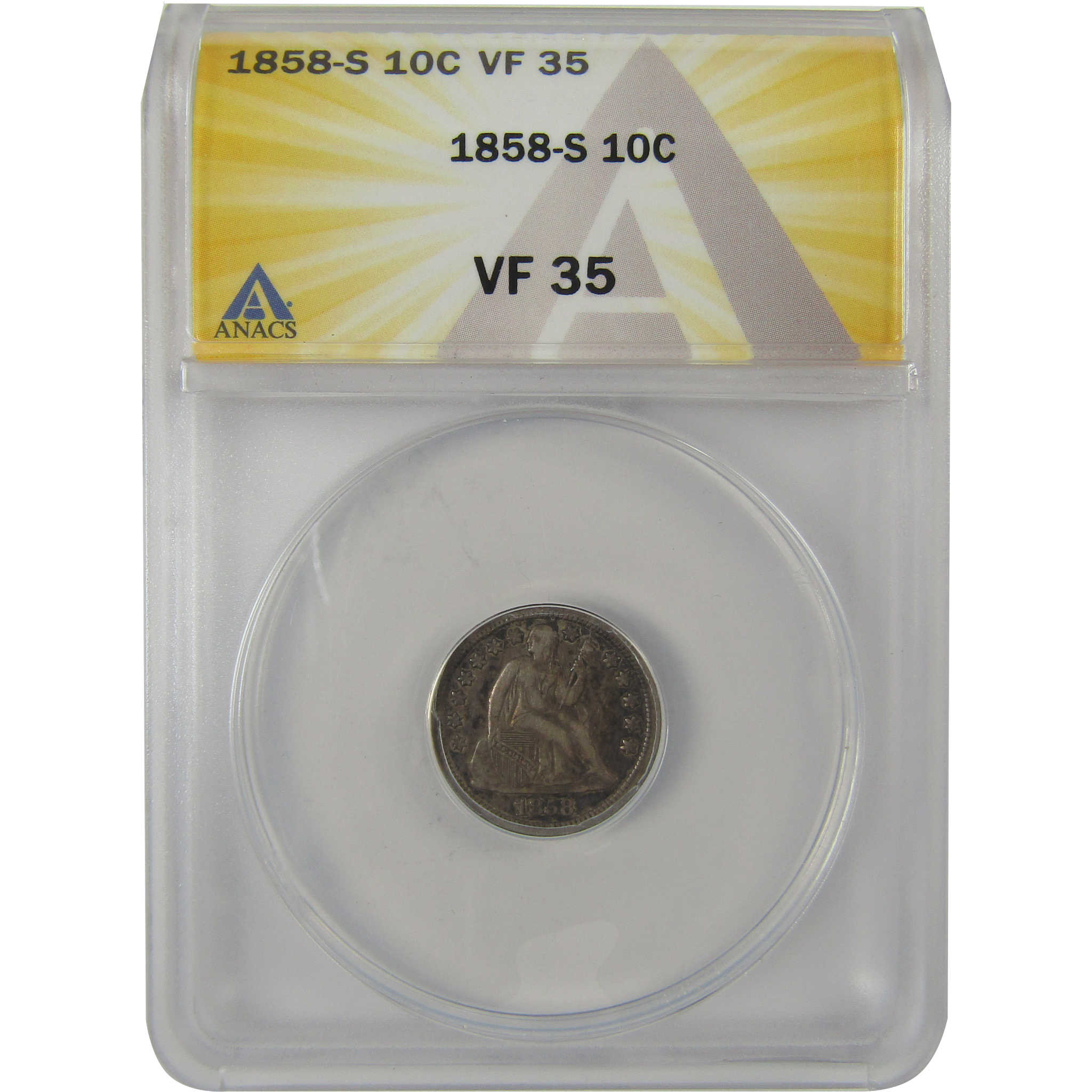 1858 S Seated Liberty Dime VF 35 ANACS Silver 10c Coin SKU:I20784