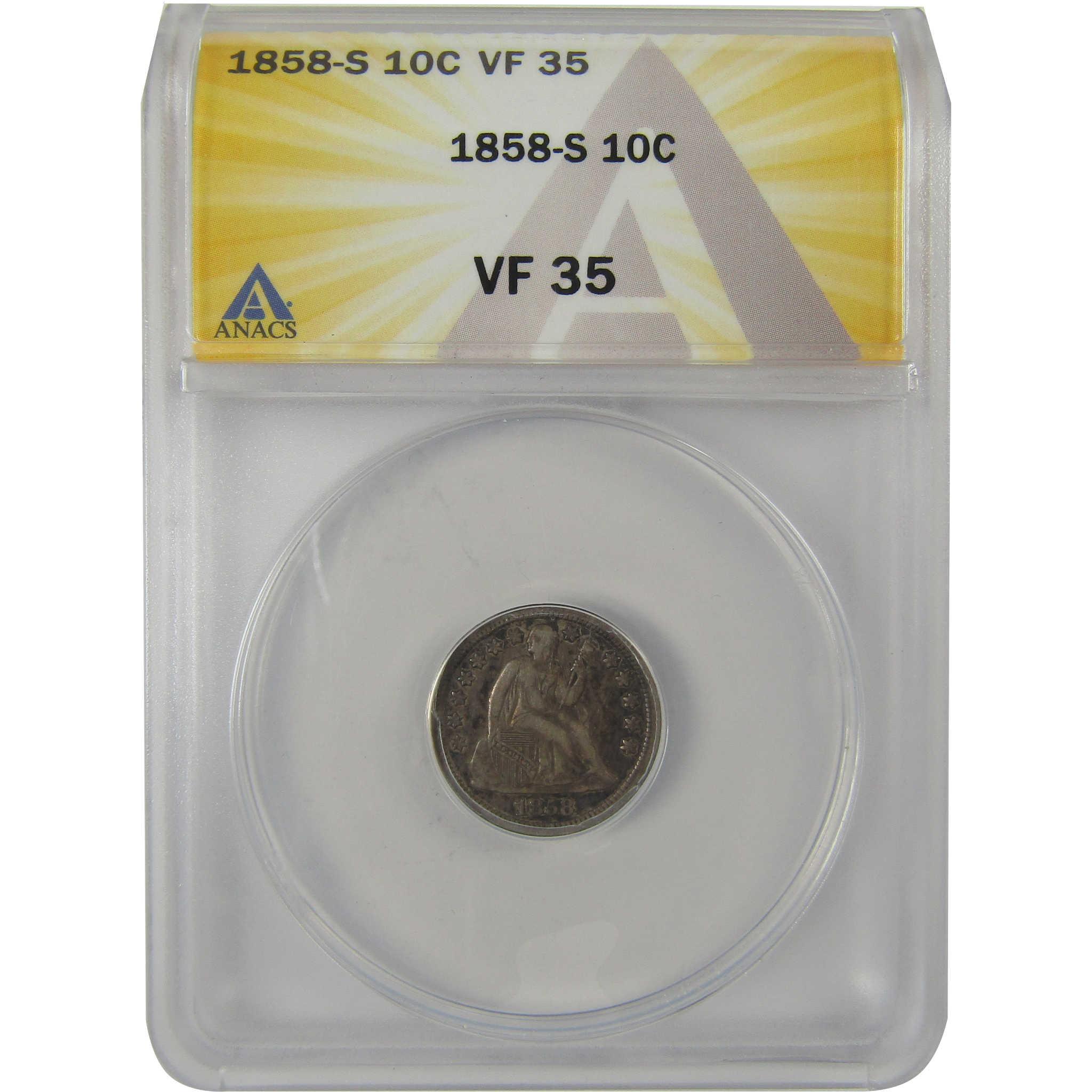 1858 S Seated Liberty Dime VF 35 ANACS Silver 10c Coin SKU:I20784