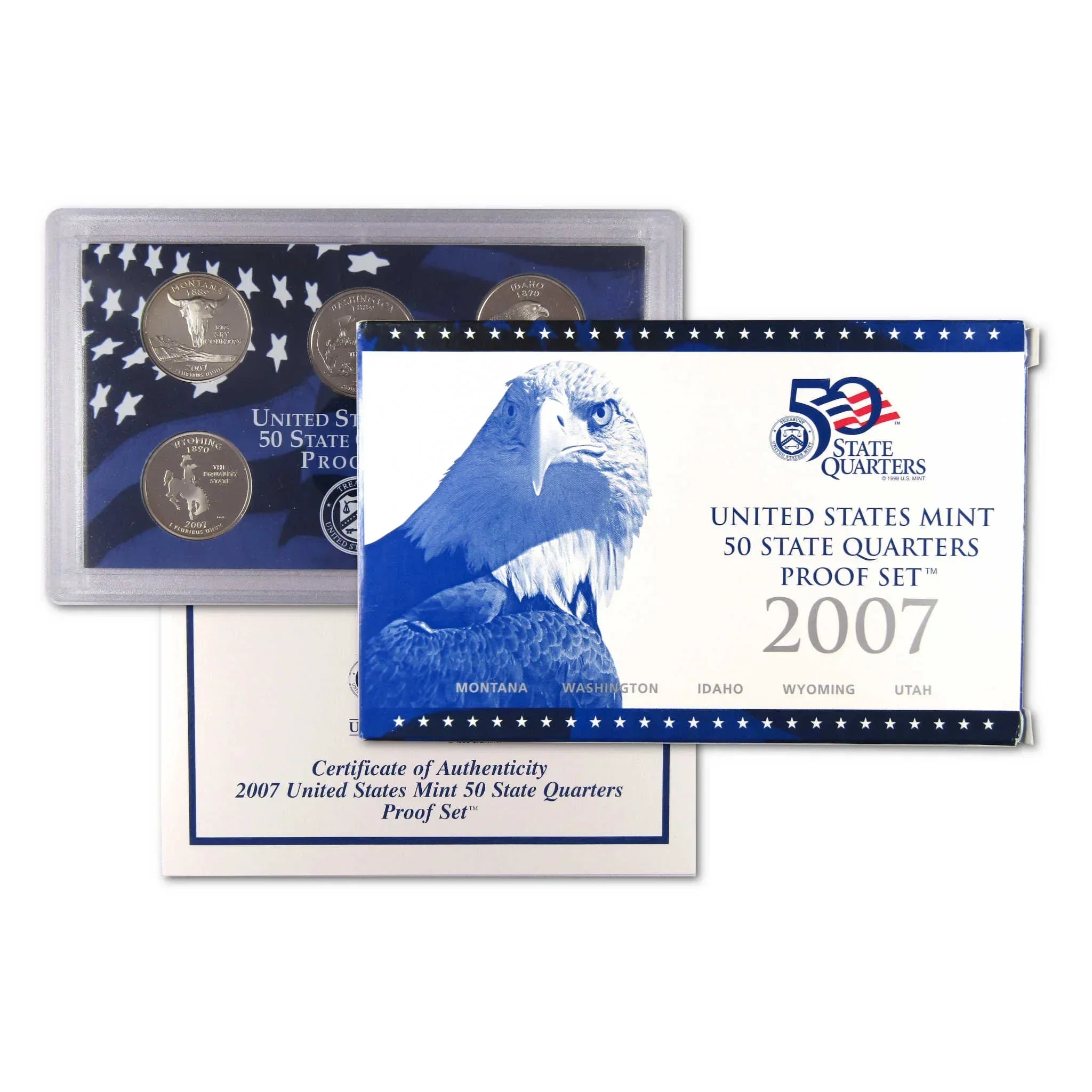 2007 United States Mint 50 State Quarters proof set with coins, packaging, and certificate