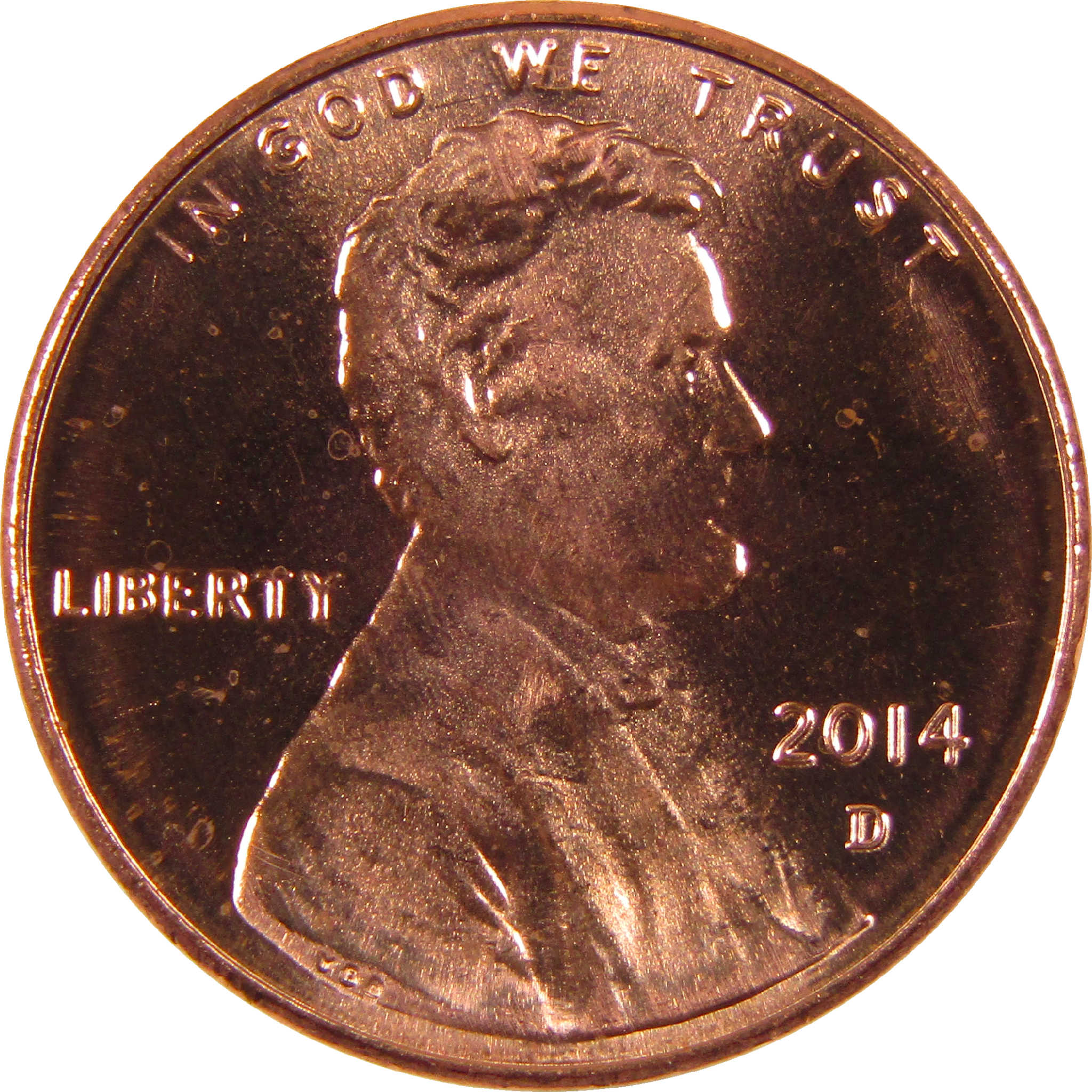 2014 D Lincoln penny collectible coin, copper, showing Liberty and Lincoln profile