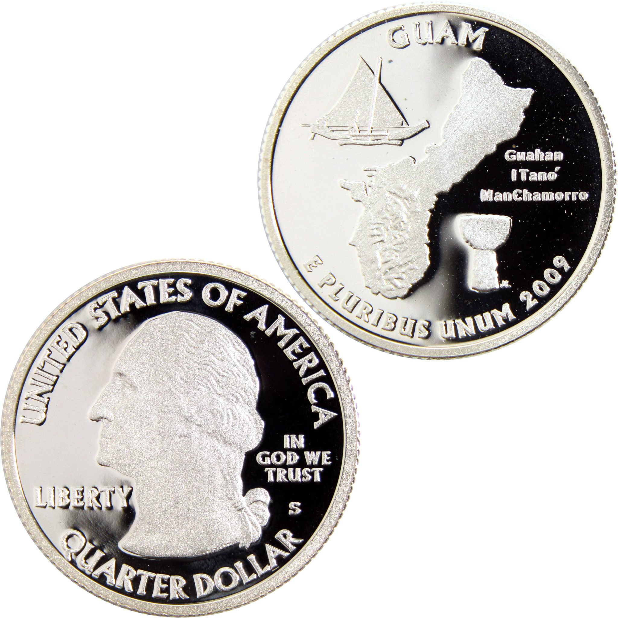 2009 Guam quarter collectible coin with map, ship, and traditional imagery