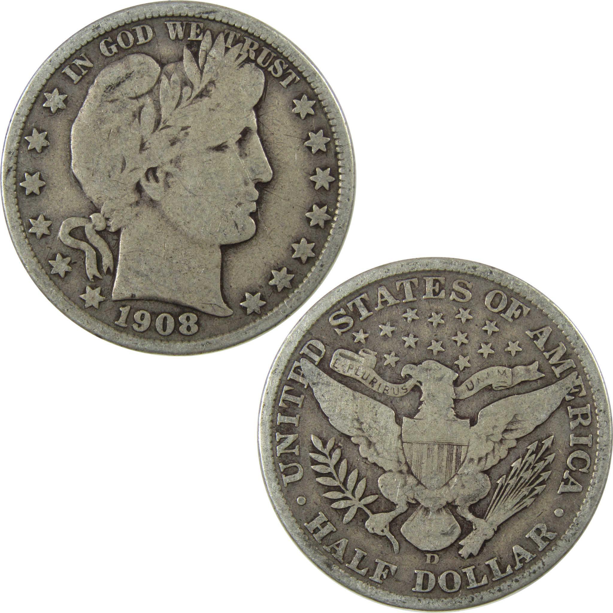 1908 D Barber Silver Half Dollar VG Very Good 50c Coin SKU:I25810