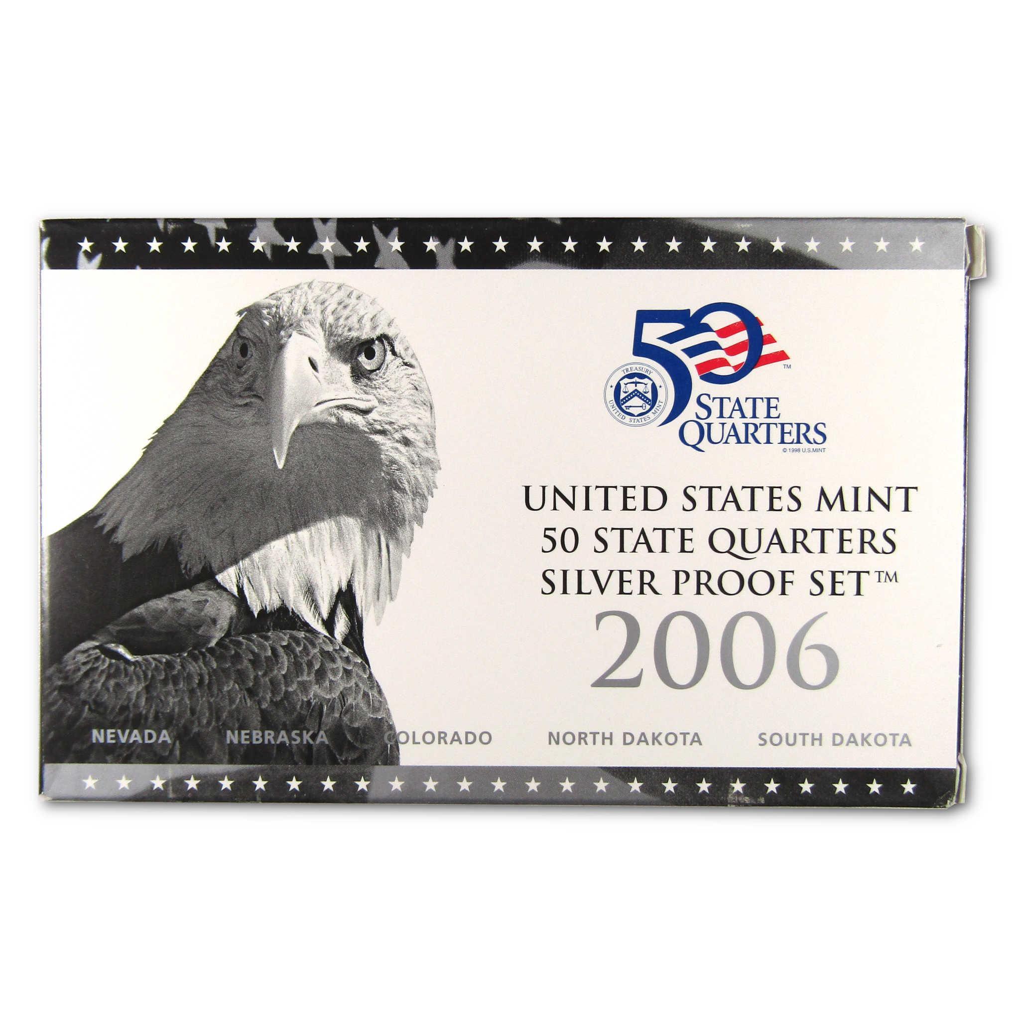 2006 United States Mint 50 State Quarters Silver Proof Set with eagle design on box