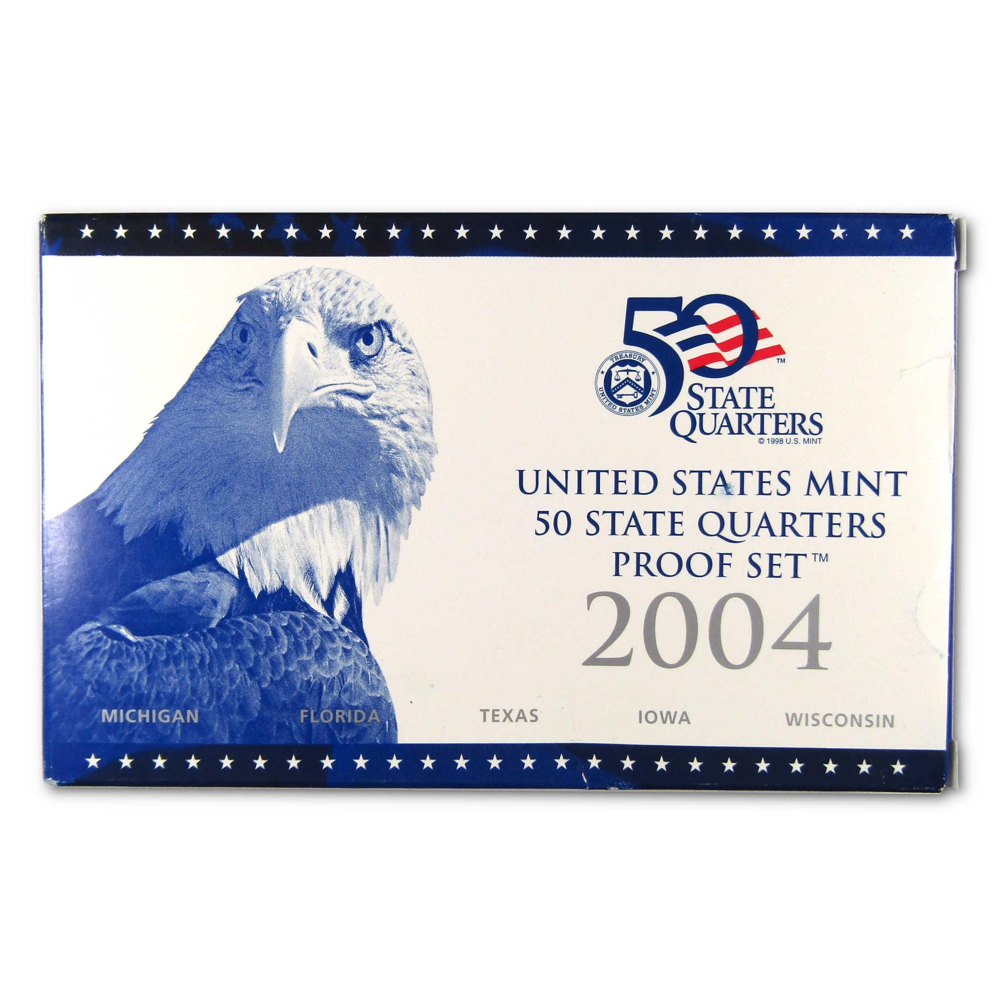 2004 United States Mint 50 State Quarters Proof Set box with bald eagle design