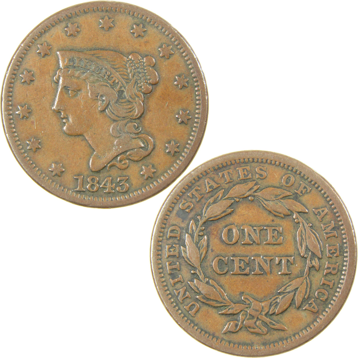 1843 Petite Head Small Letters Braided Hair Copper 1c VF Very Fine