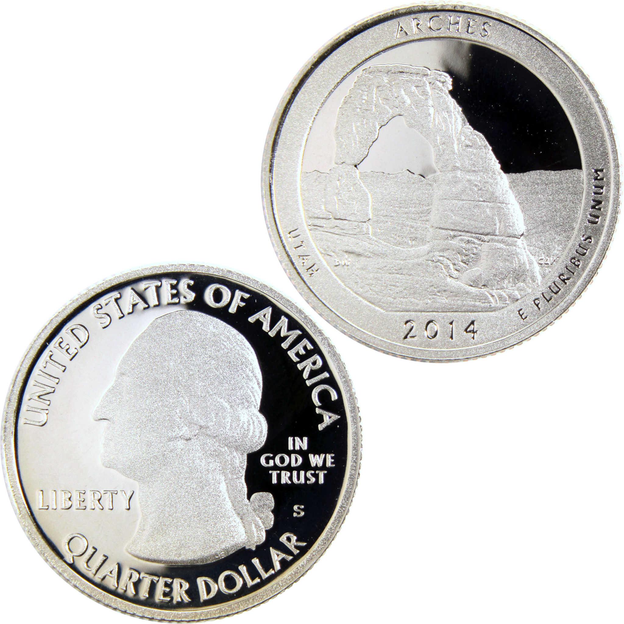 2014 Arches National Park Utah quarter dollar collectible coin, obverse and reverse sides