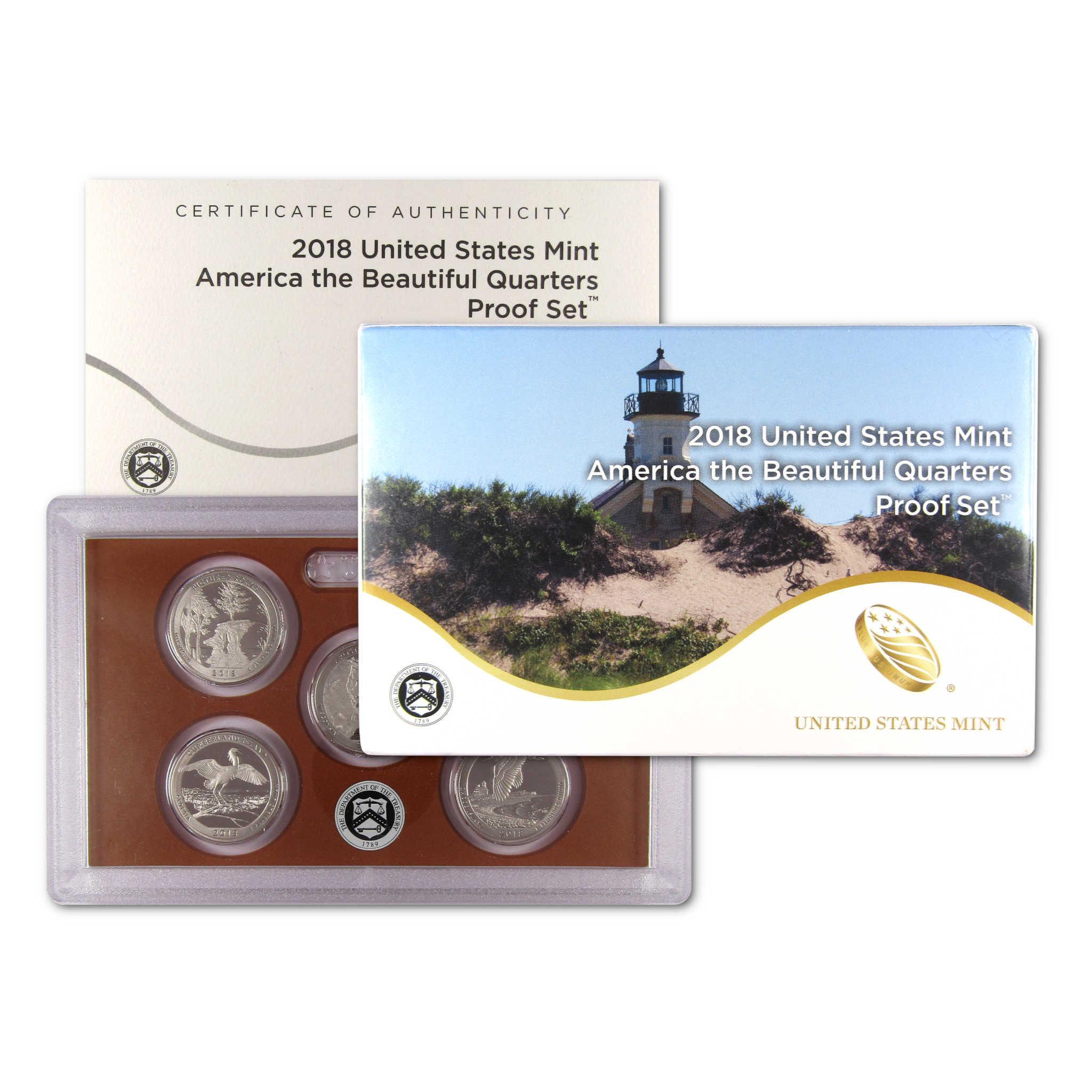 2018 United States Mint America the Beautiful Quarters proof set with coins and packaging