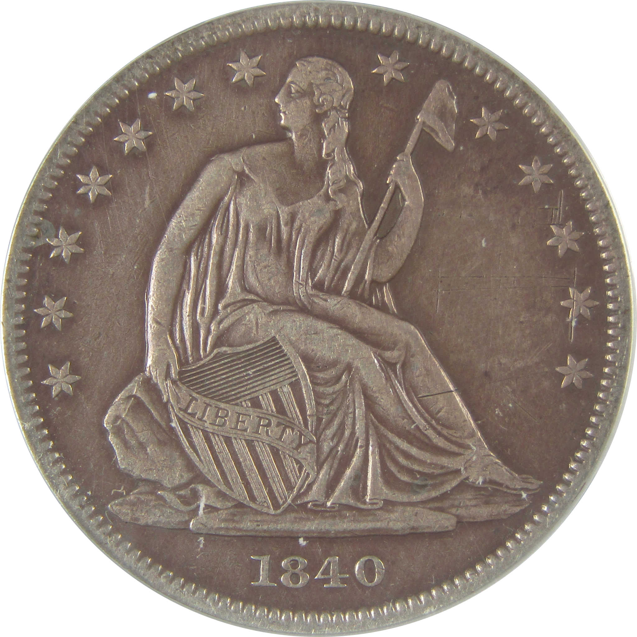 1840 Small Letters Seated Liberty 50C VF 30 Details ANACS SKU:I22970