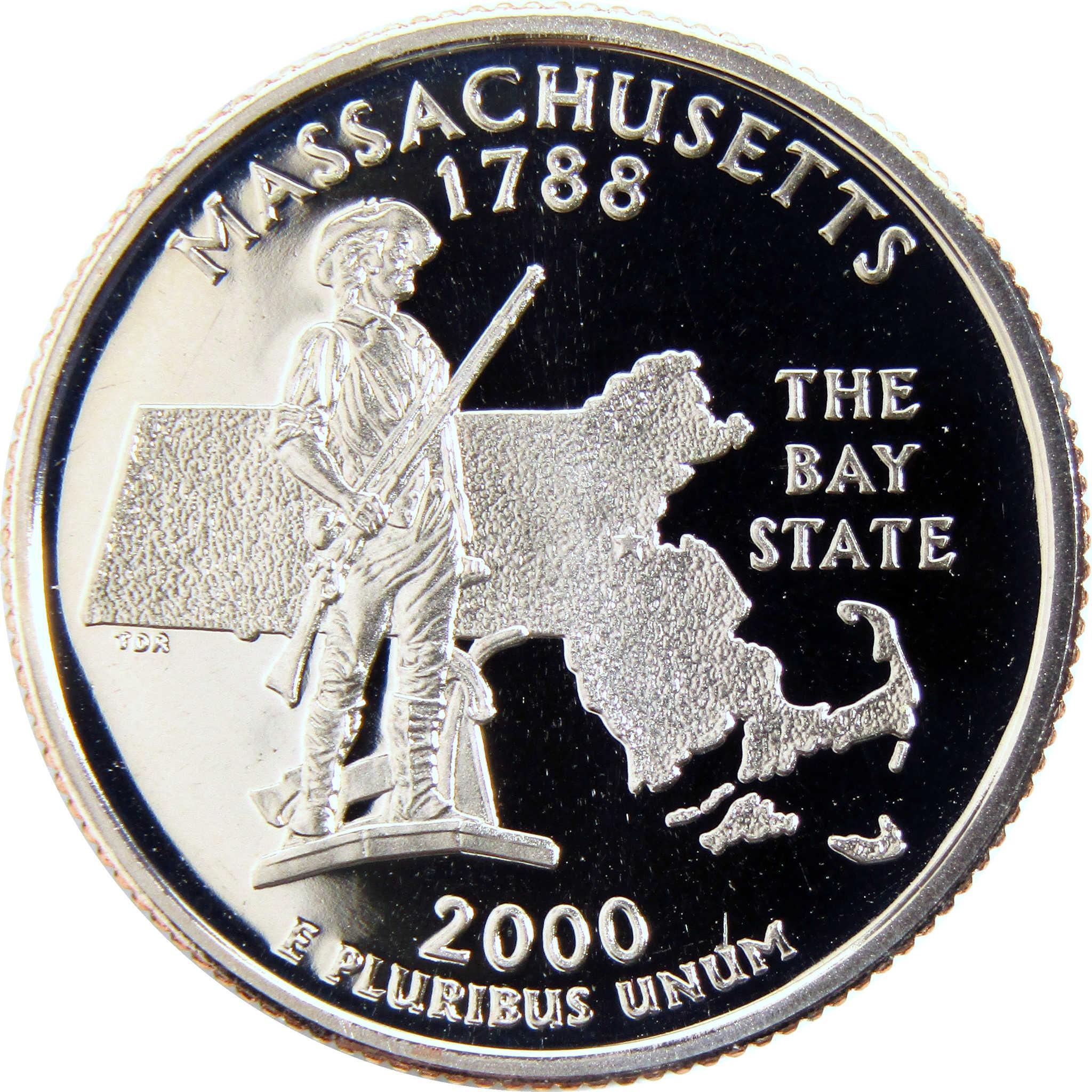Massachusetts 2000 state quarter featuring a Minuteman and state outline, collectible coin