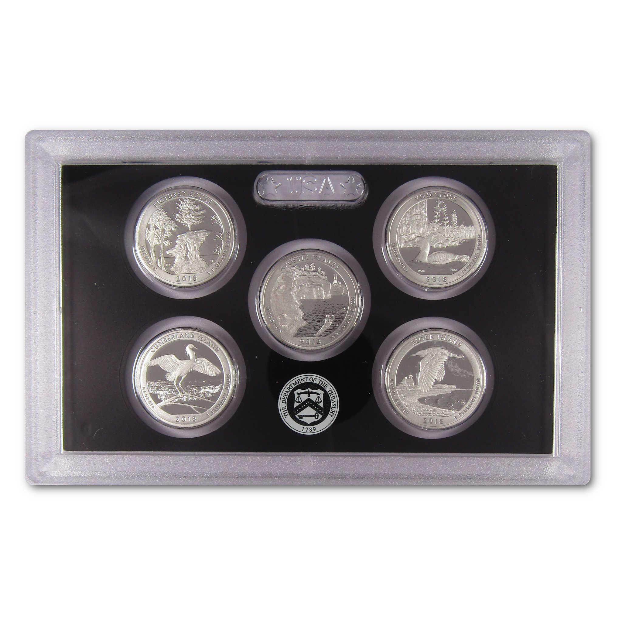 2018 US America the Beautiful silver quarter proof set in clear display case