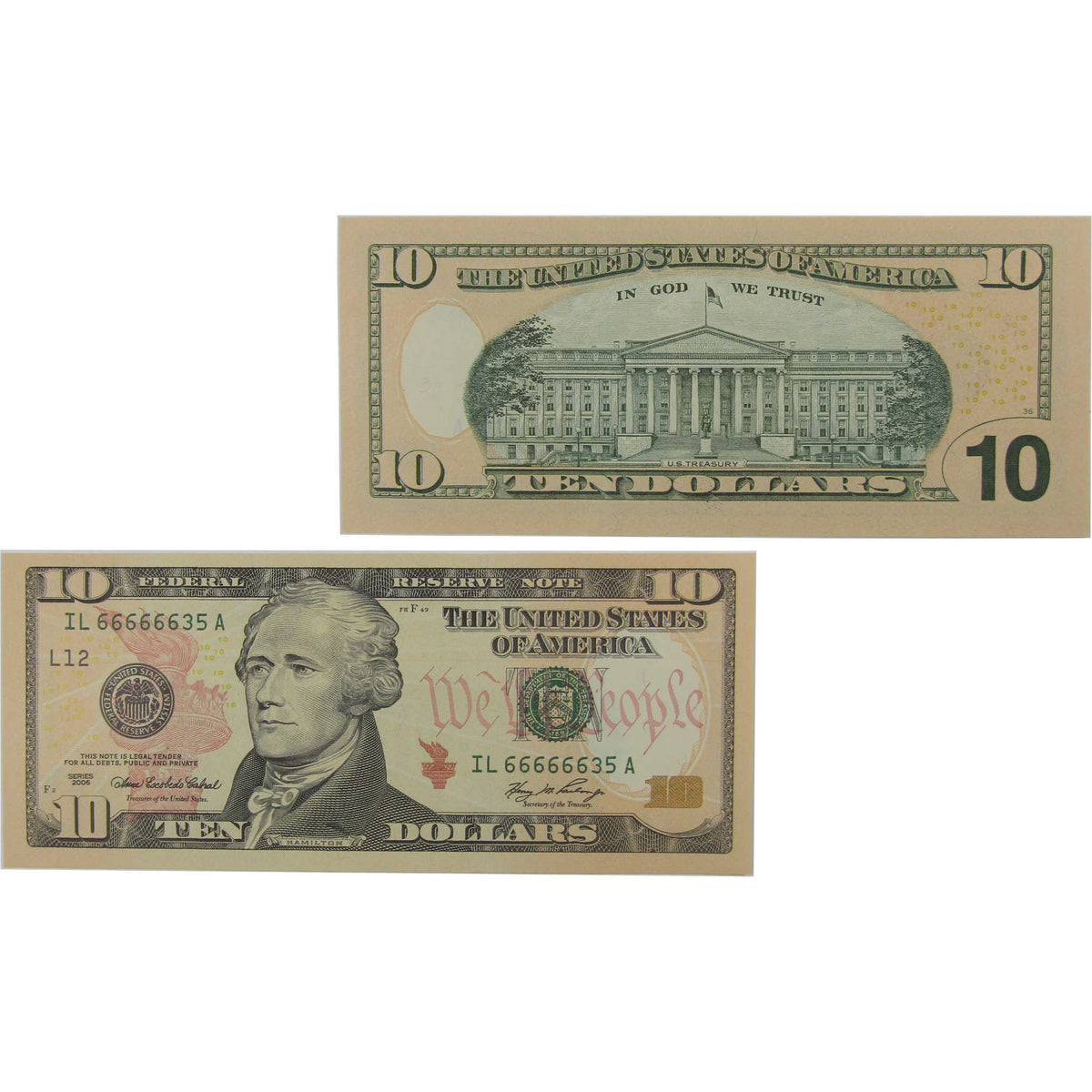 $10 Federal Reserve Note Uncirculated Serial Block Starts With Six 6's