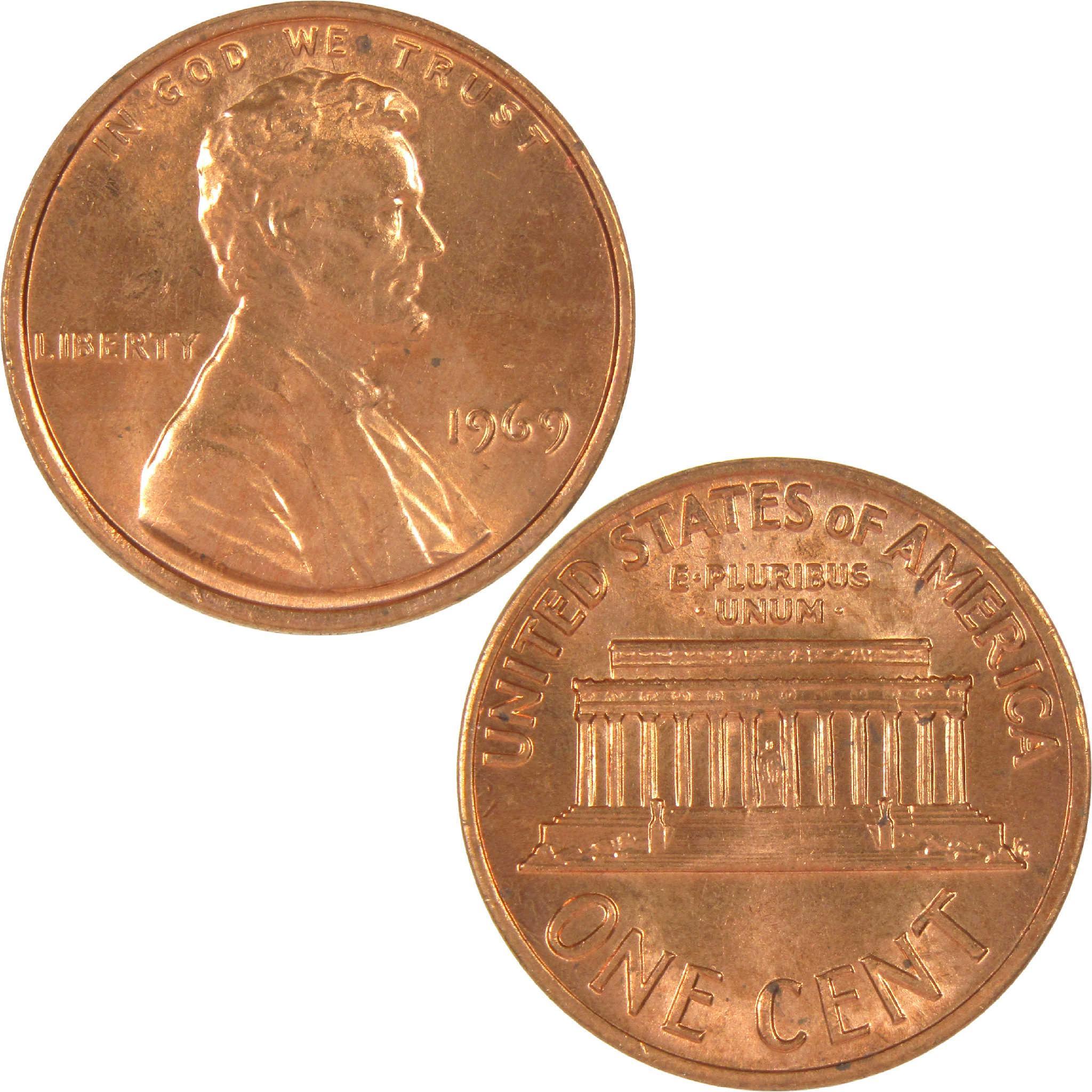 1969 Lincoln cent collectible coin showing obverse and reverse sides, copper penny.