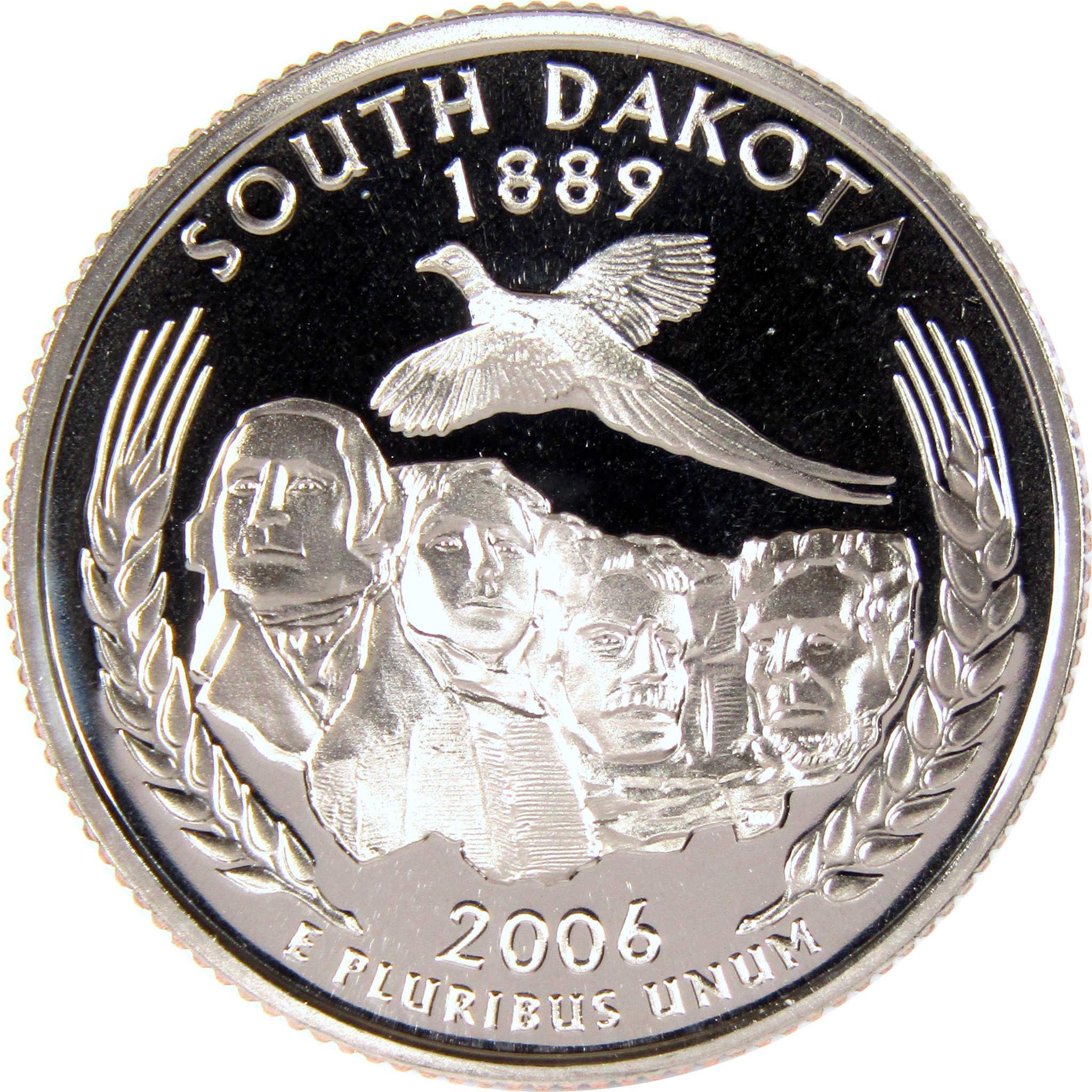 South Dakota 2006 state quarter featuring Mount Rushmore, pheasant, and wheat design