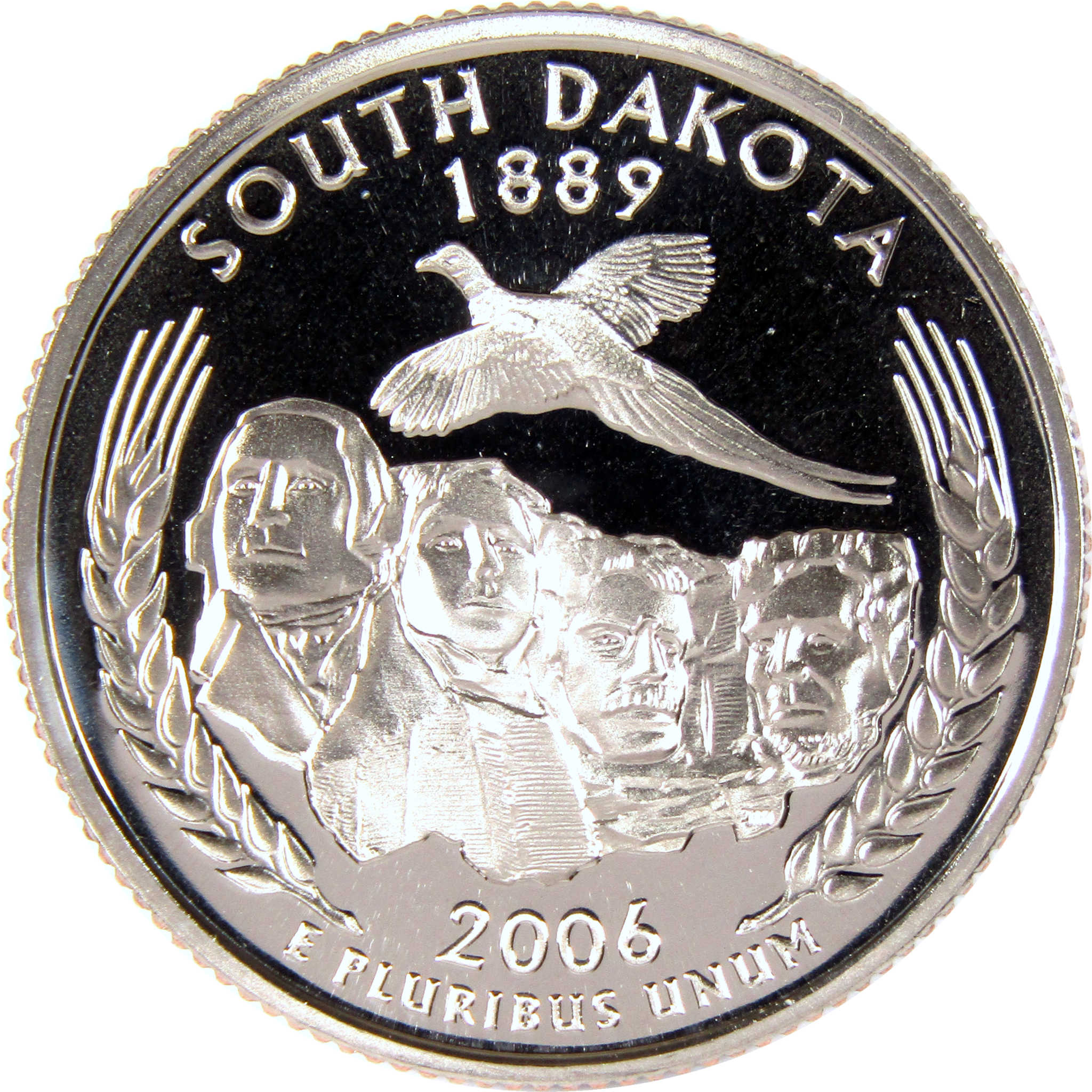 South Dakota 2006 state quarter featuring Mount Rushmore, pheasant, and wheat design