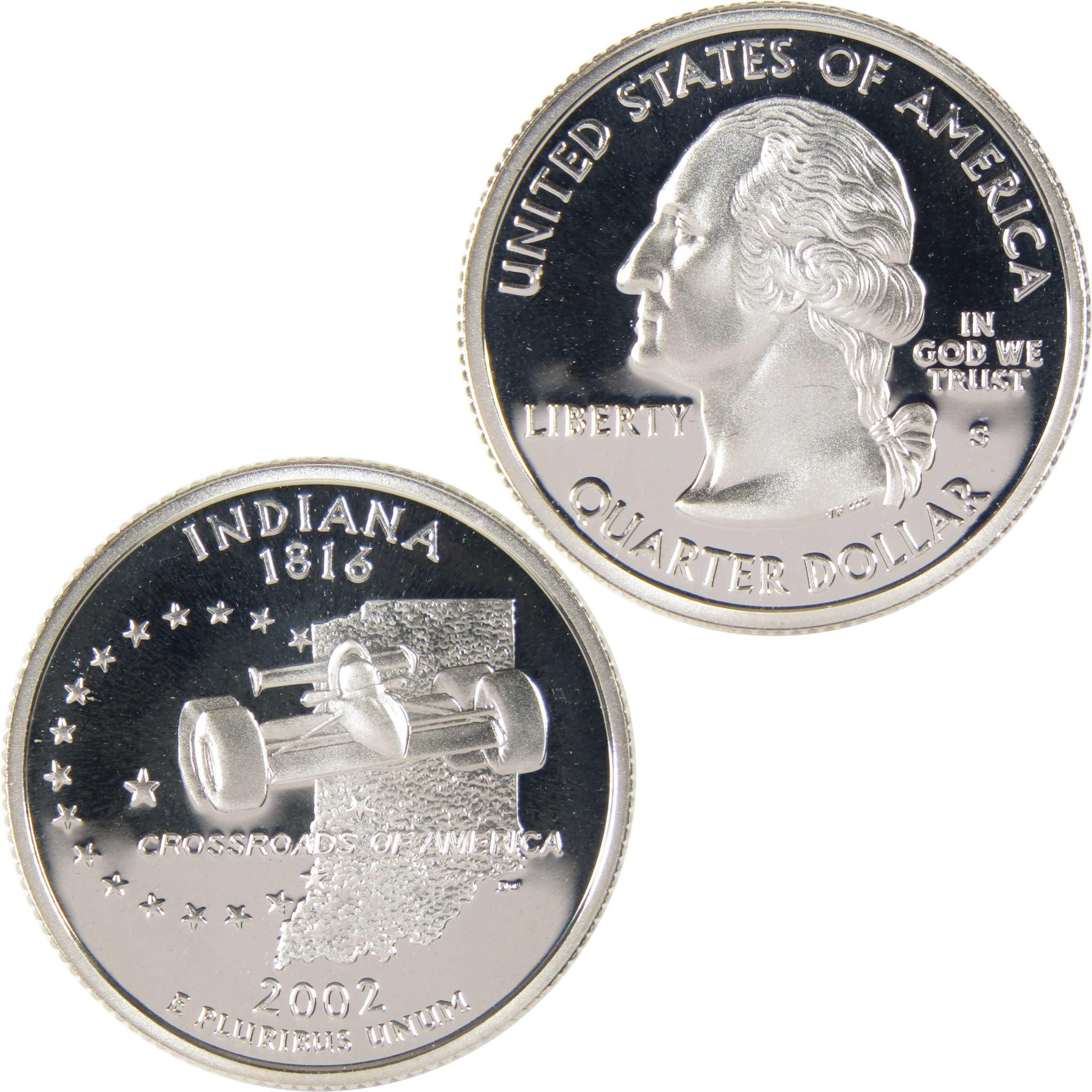 2002 Indiana state quarter collectible coin with George Washington portrait and Indy car design