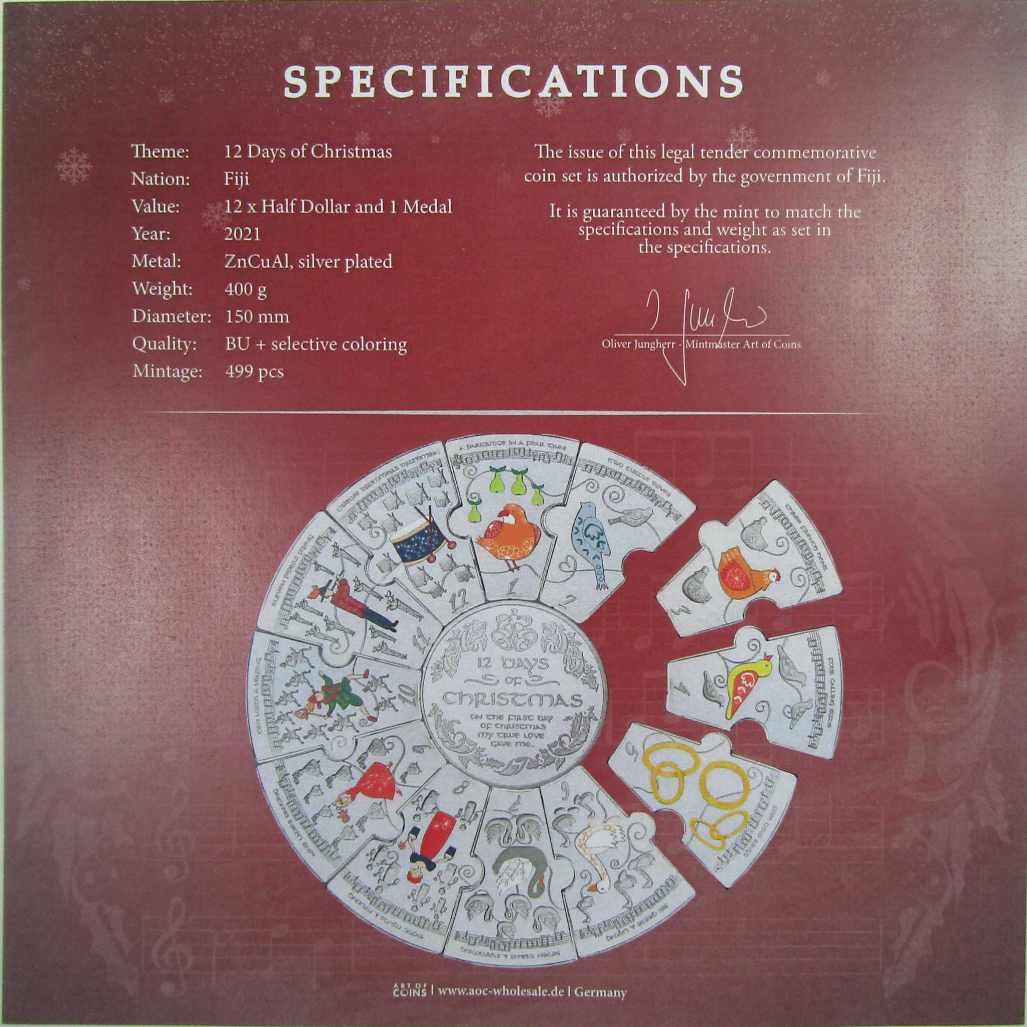 12 Days of Christmas 13 Piece Set Brilliant Uncirculated 2021 Fiji