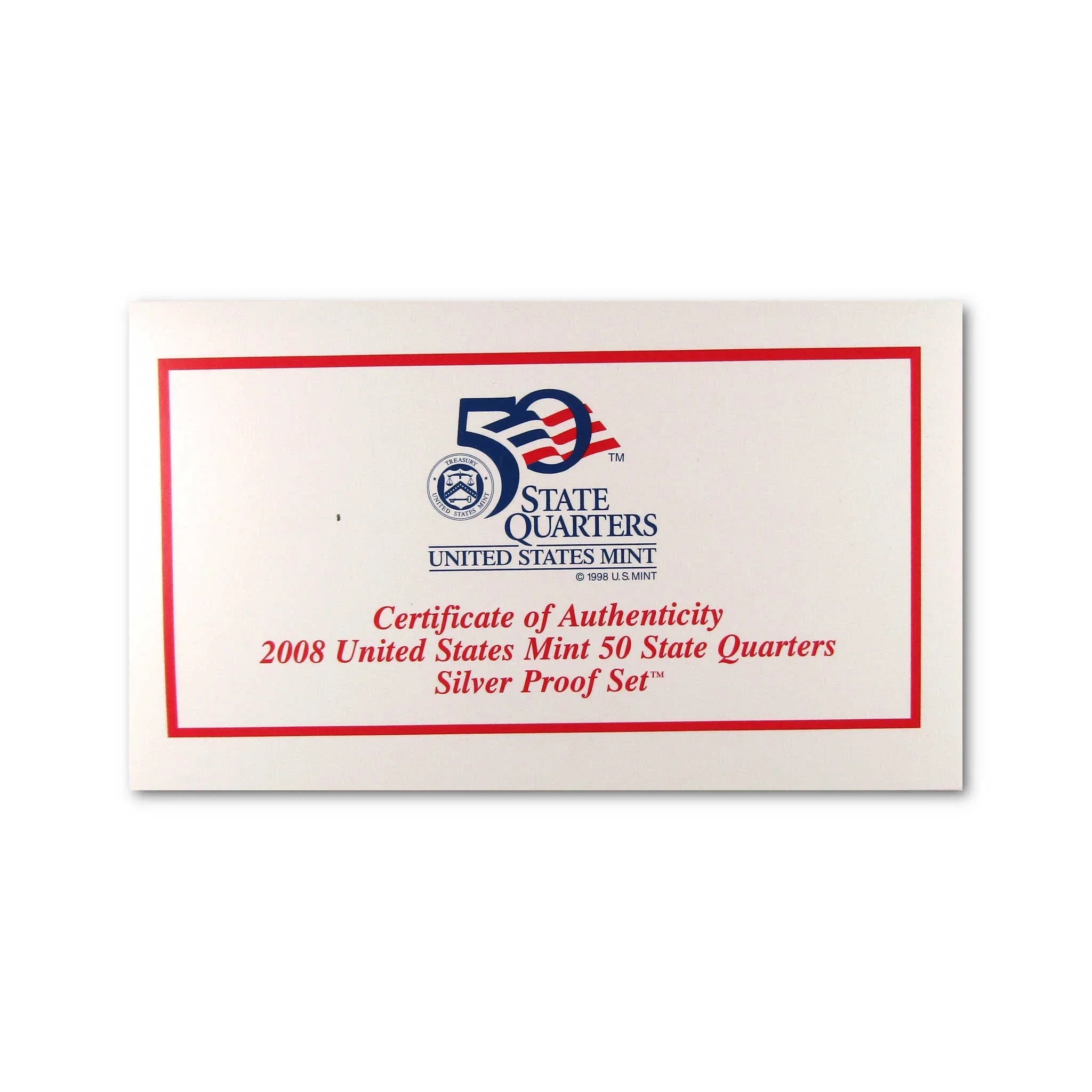 2008 United States Mint 50 State Quarters Silver Proof Set certificate of authenticity