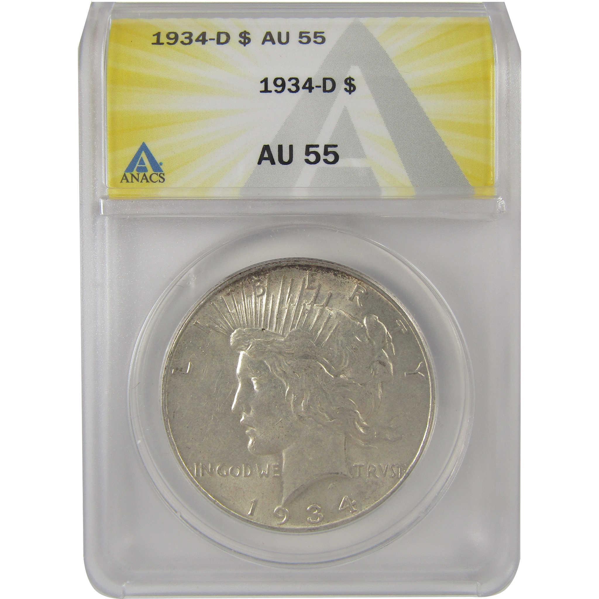 1934 D Peace Silver Dollar AU 55 ANACS $1 Coin SKU:I25077