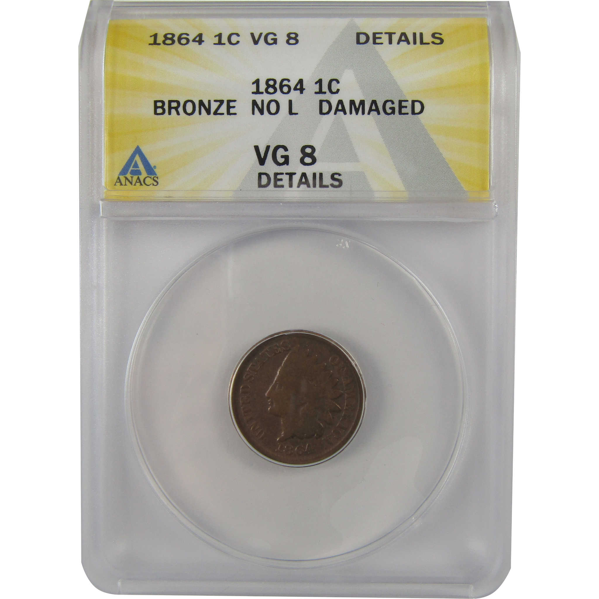 1864 No L Indian Head Cent VG 8 Details ANACS Bronze Penny SKU:I22280