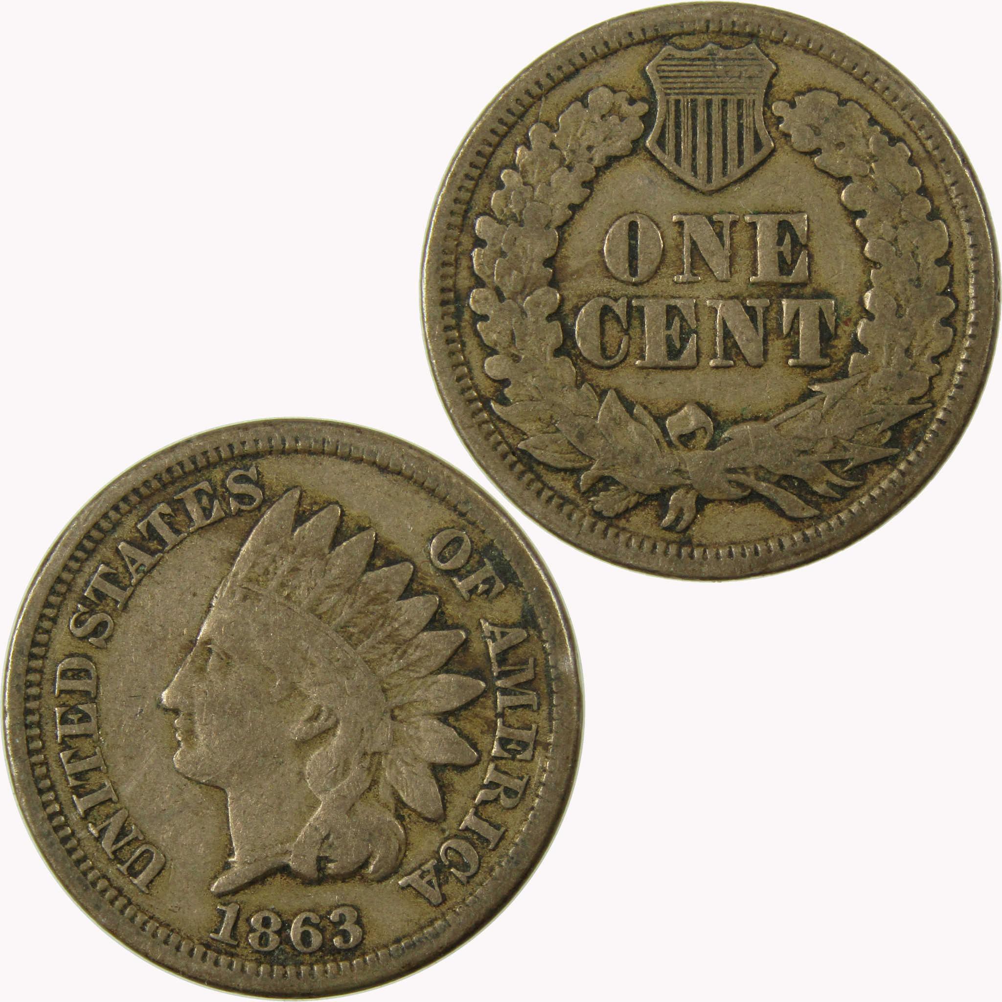 1863 Indian Head Cent F Fine Penny 1c Coin SKU:CP1108