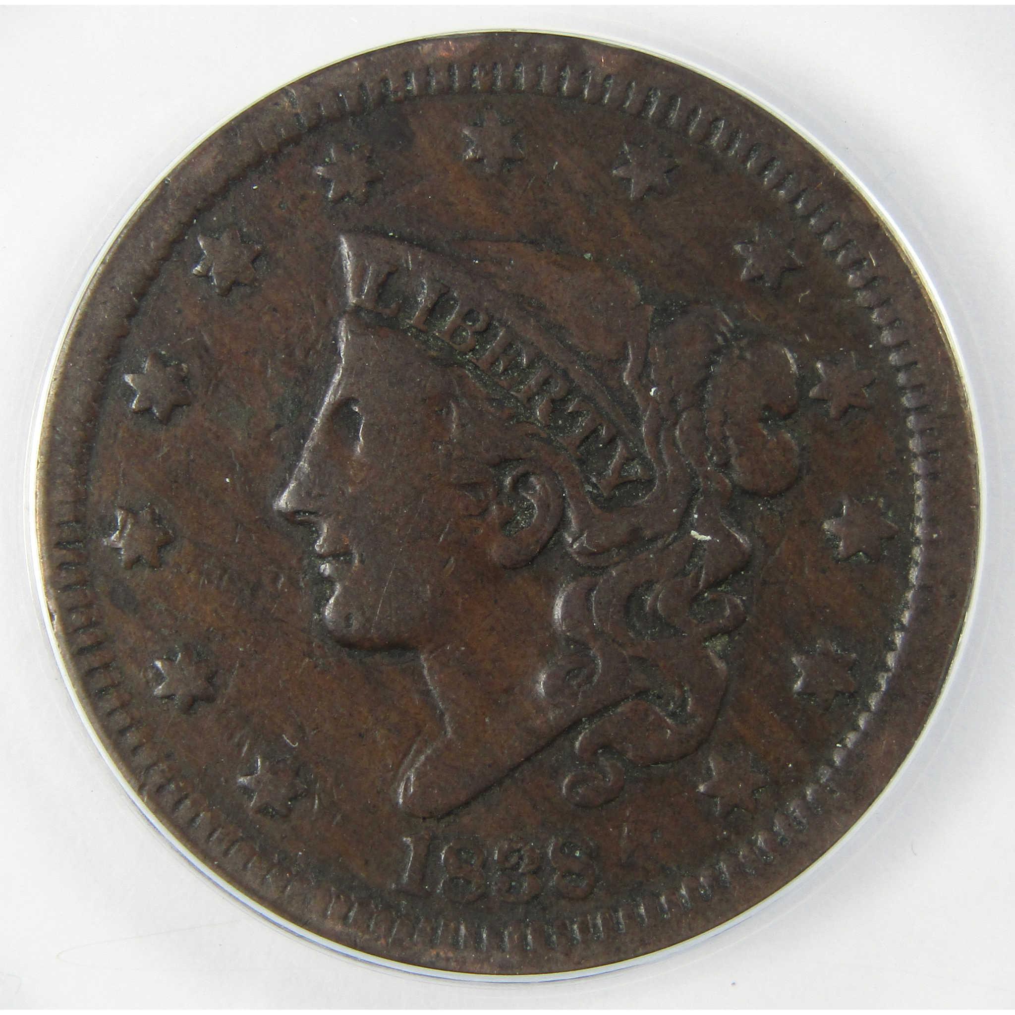1838 Coronet Head Copper Large Cent VF 20 ANACS Penny SKU:I25624