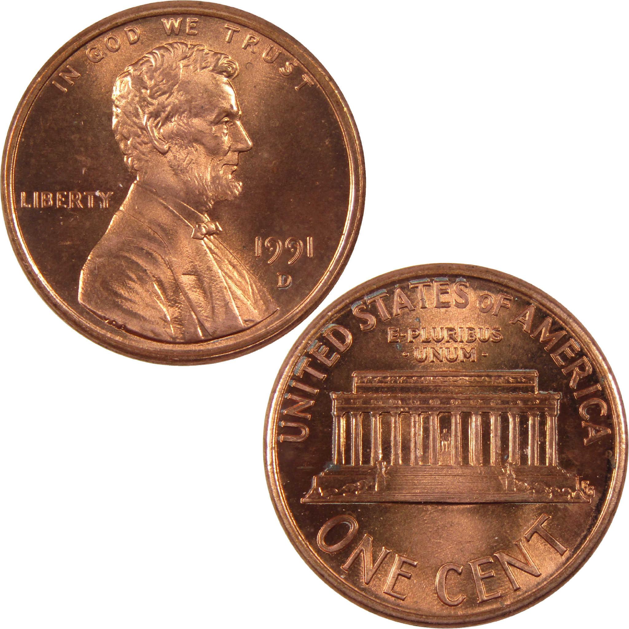 1991 D Lincoln penny obverse and reverse, collectible US one cent coin