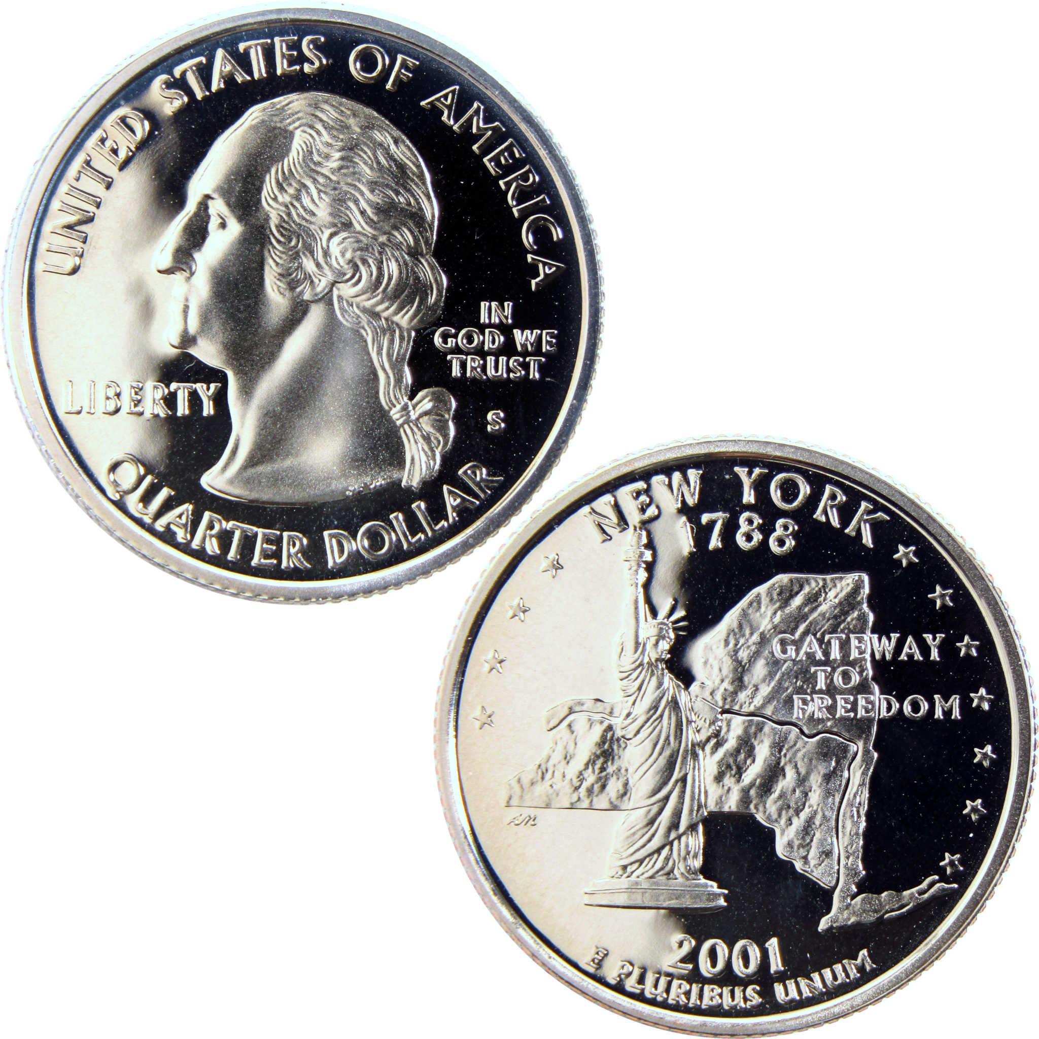 2001 New York state quarter dollar, collectible U.S. coin with Liberty and state map design
