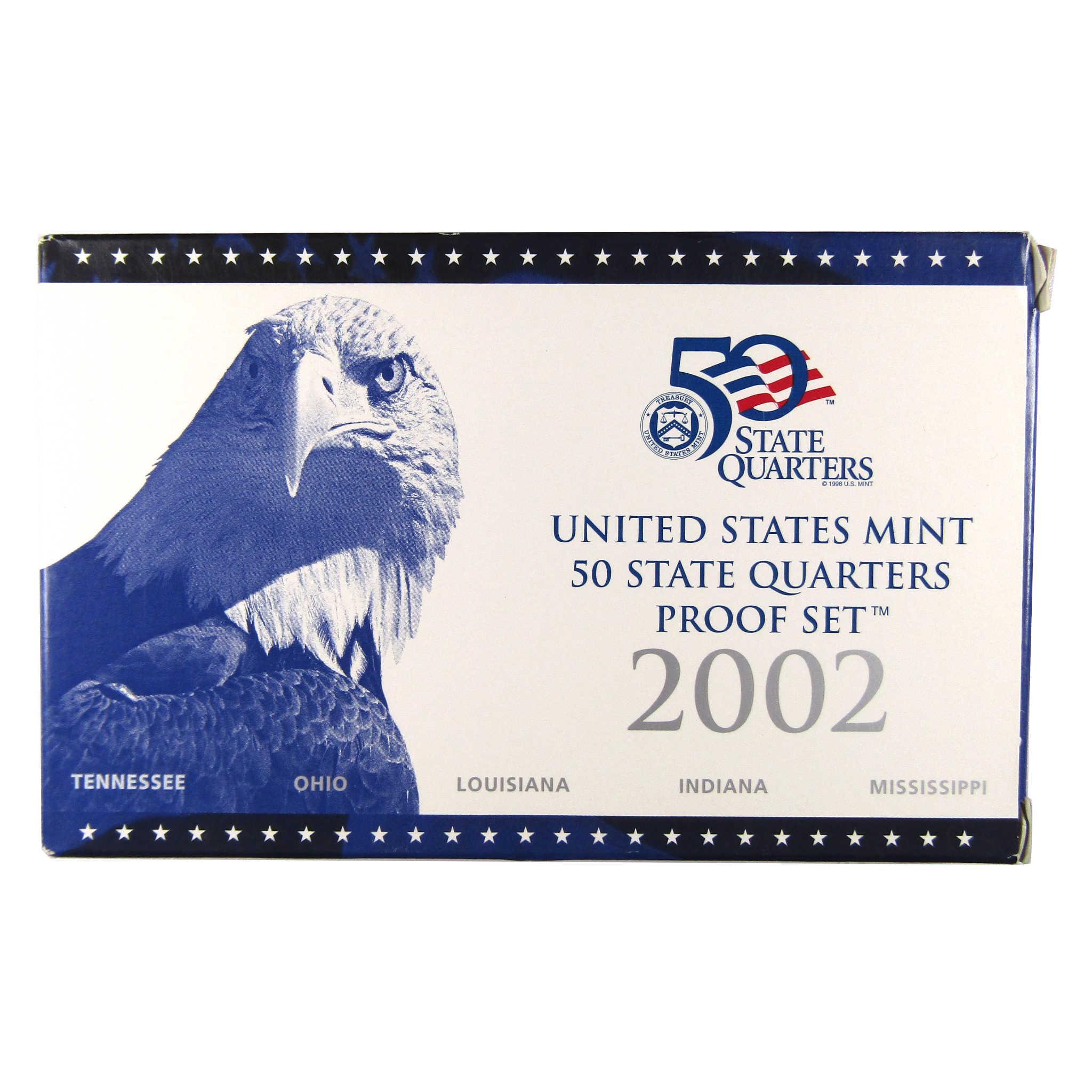 2002 United States Mint 50 State Quarters Proof Set box with eagle and logo
