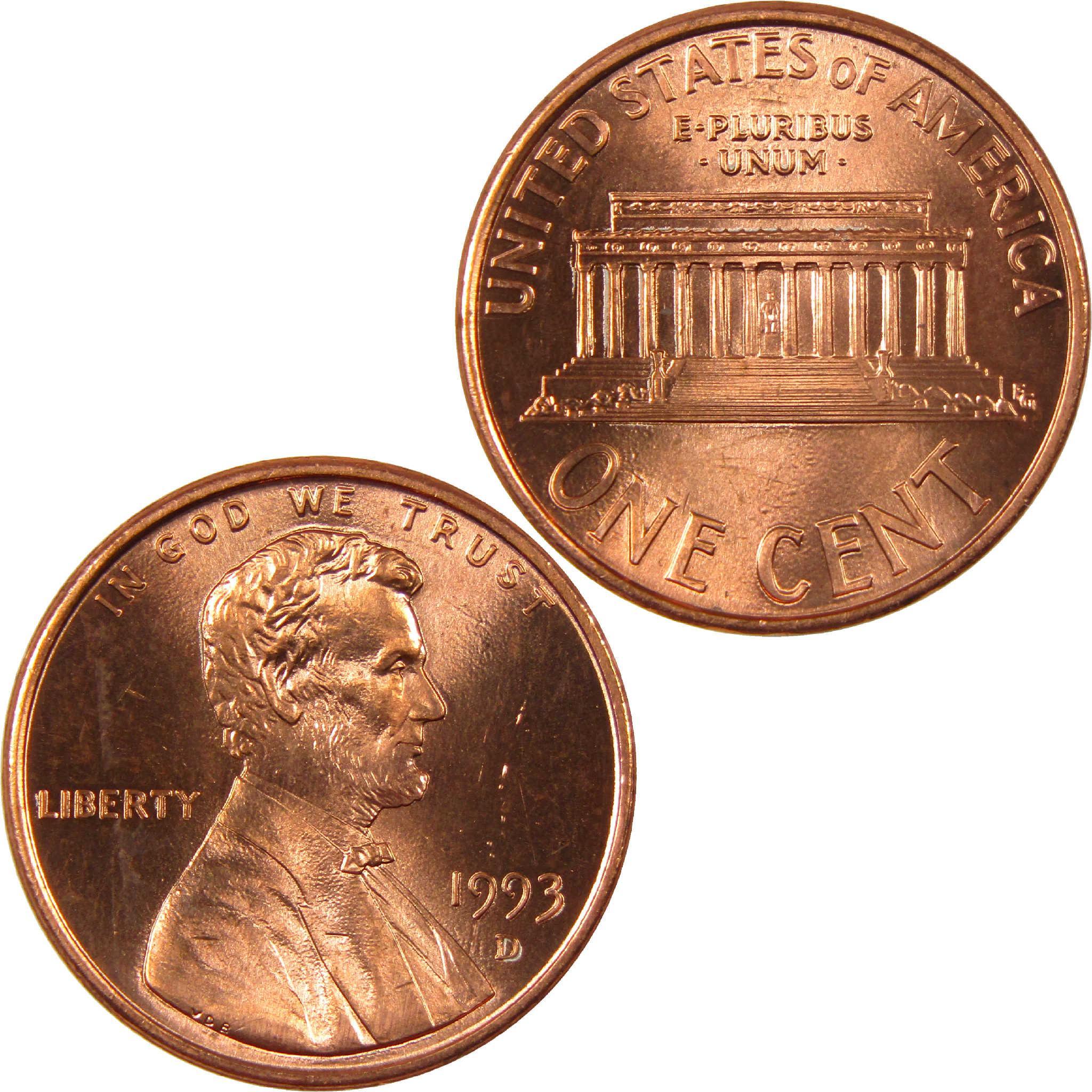 1993 D Lincoln penny collectible coin, obverse with Lincoln portrait, reverse with Lincoln Memorial