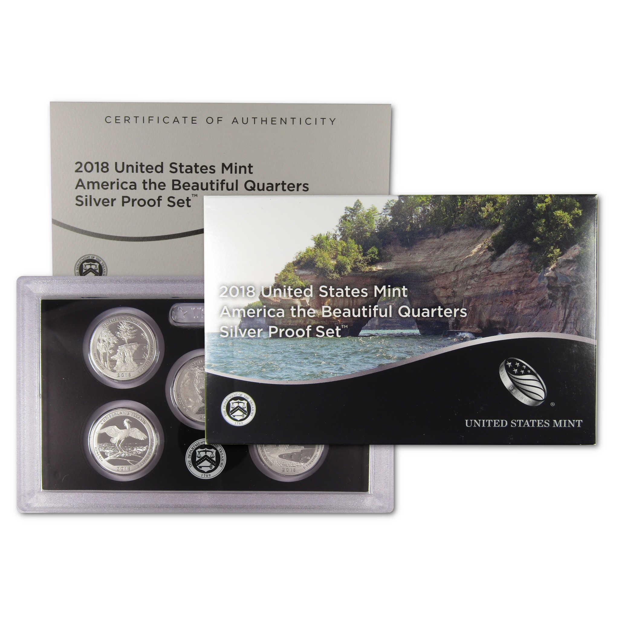 2018 America the Beautiful Quarters Silver Proof Set with coins, packaging, and certificate