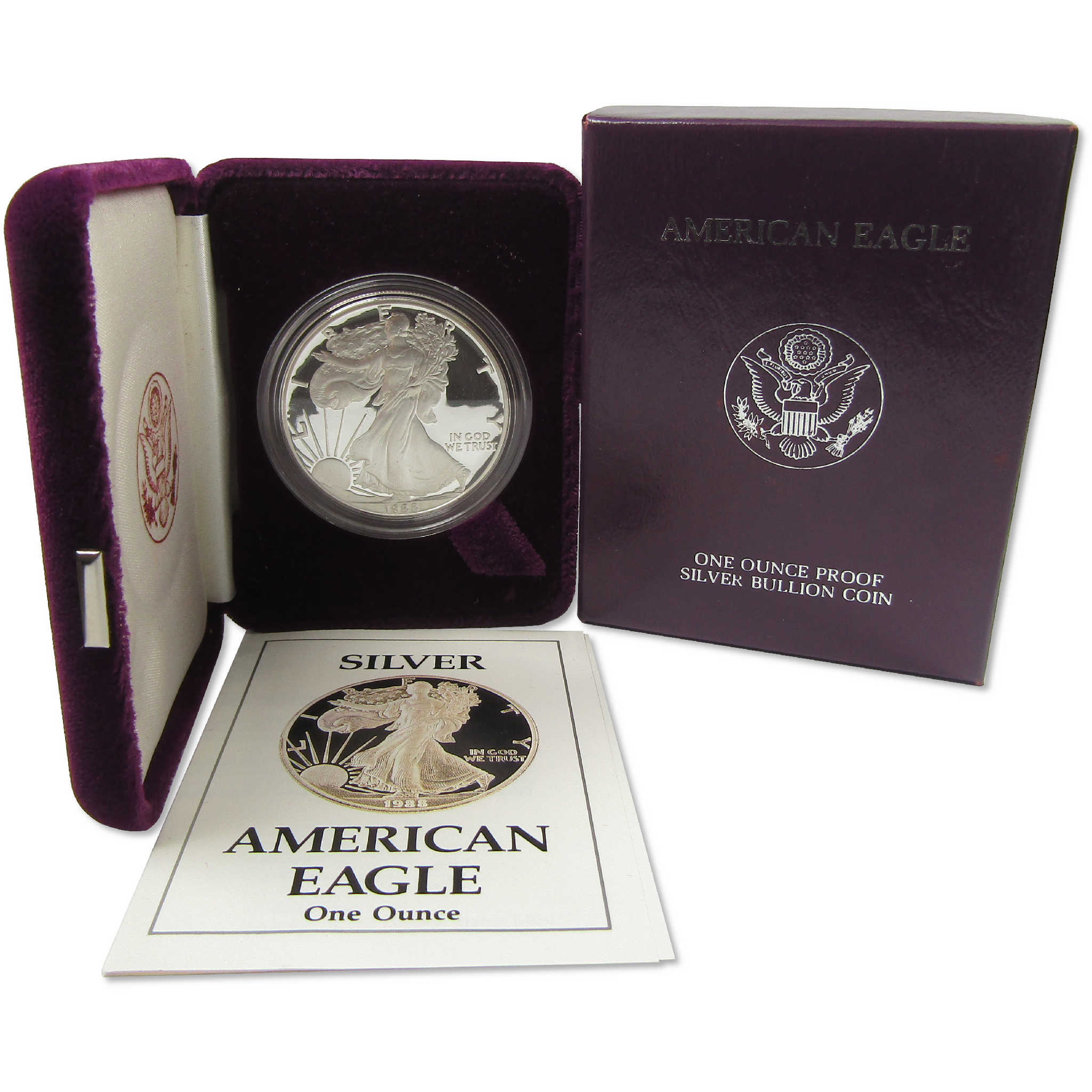 1988 S American Silver Eagle Choice Proof Bullion $1 Coin OGP COA
