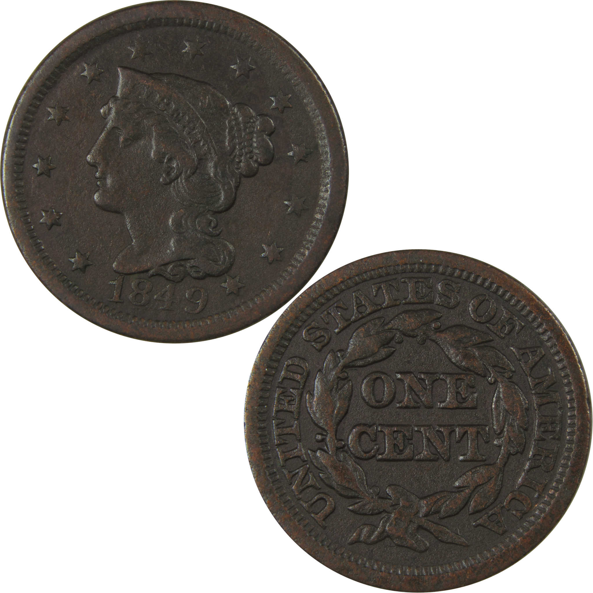 1849 Braided Hair Copper Large Cent VF Very Fine Details SKU:I23880