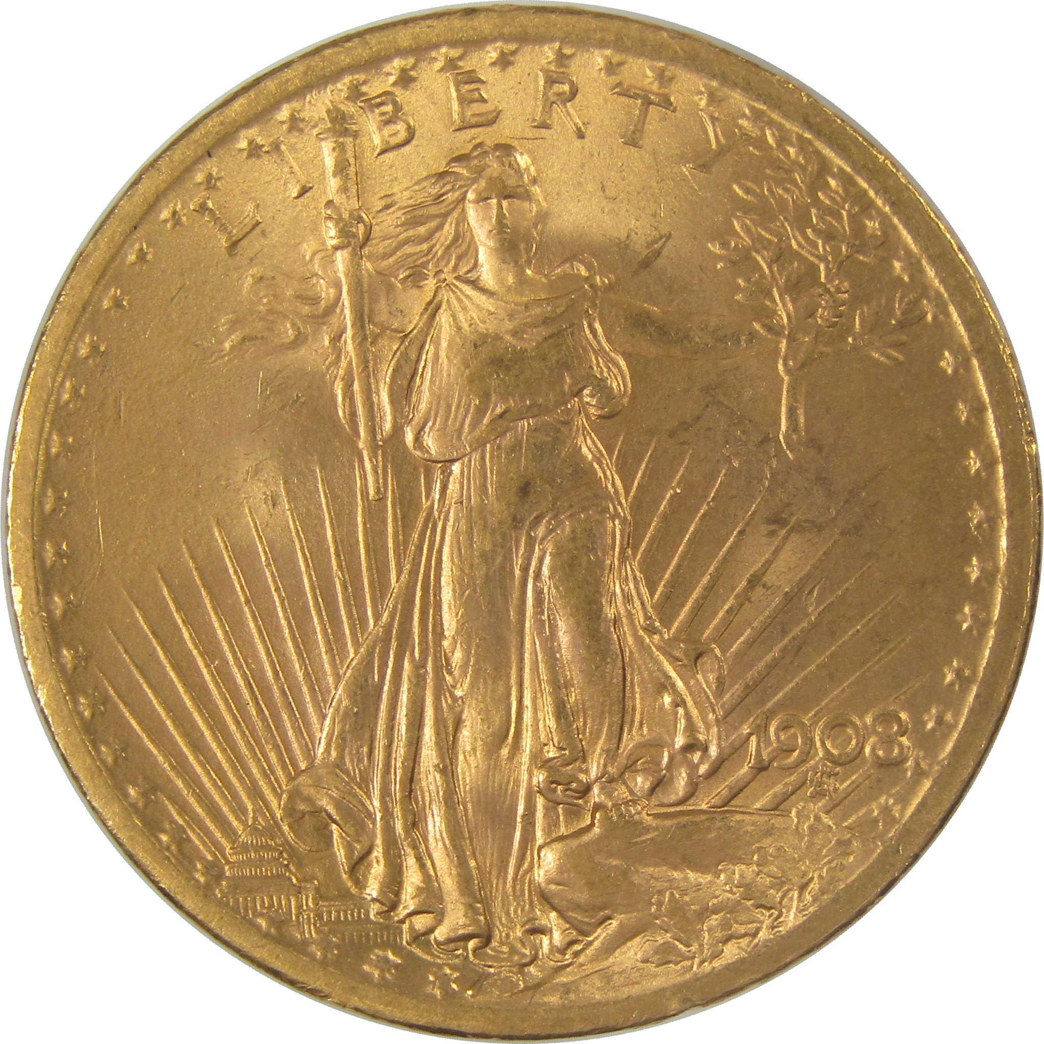 1908 No Motto Saint-Gaudens Gold Double Eagle BU Choice Uncirculated