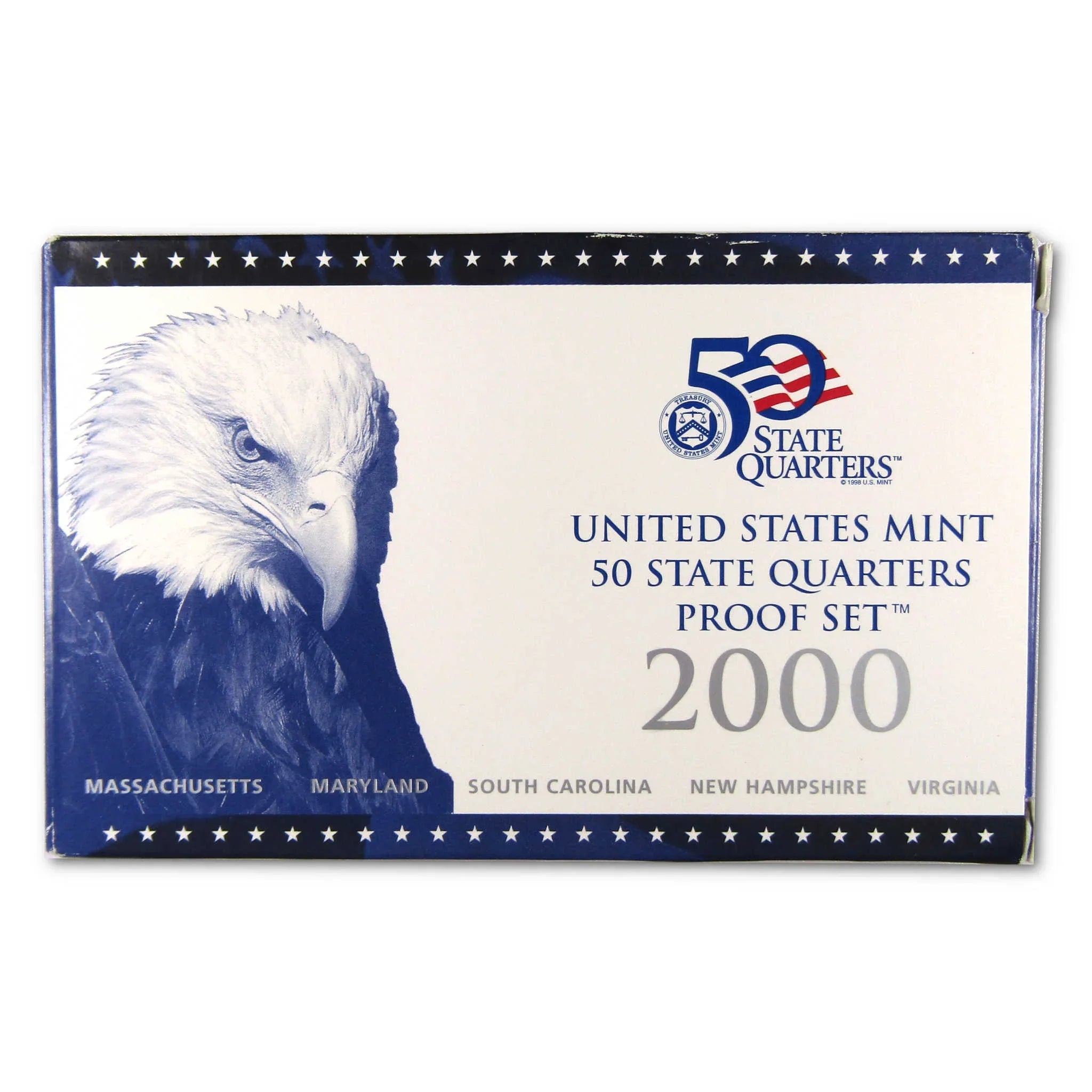 2000 United States Mint 50 State Quarters Proof Set box with bald eagle and state list
