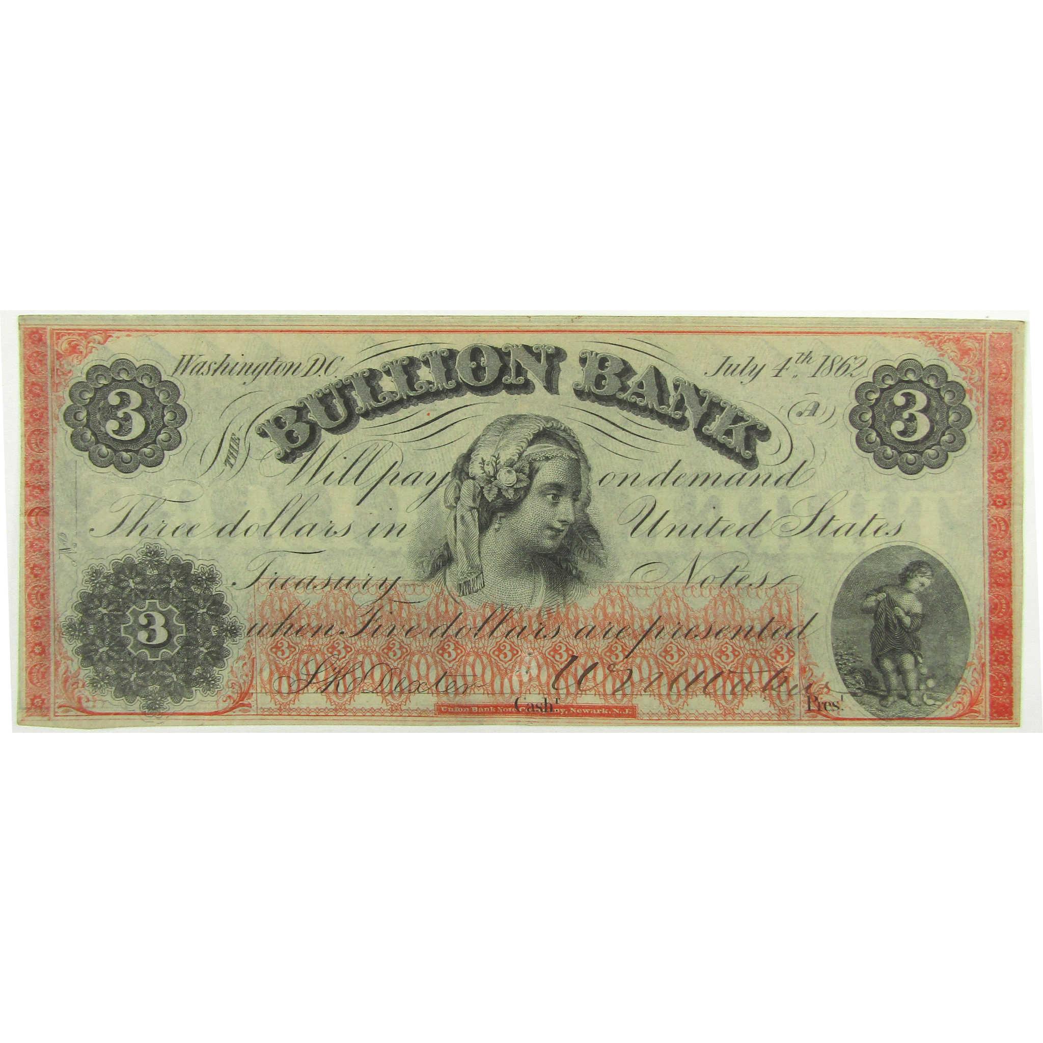 1862 Bullion Bank Washington DC $3 Note Unc Details SKU:CPC0274