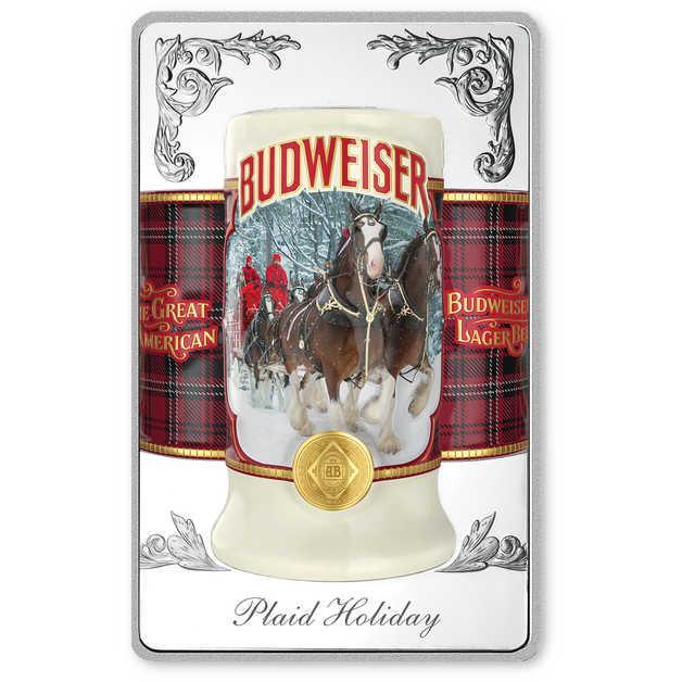 Budweiser Plaid Holiday Stein-themed White Brass Collectible Bar