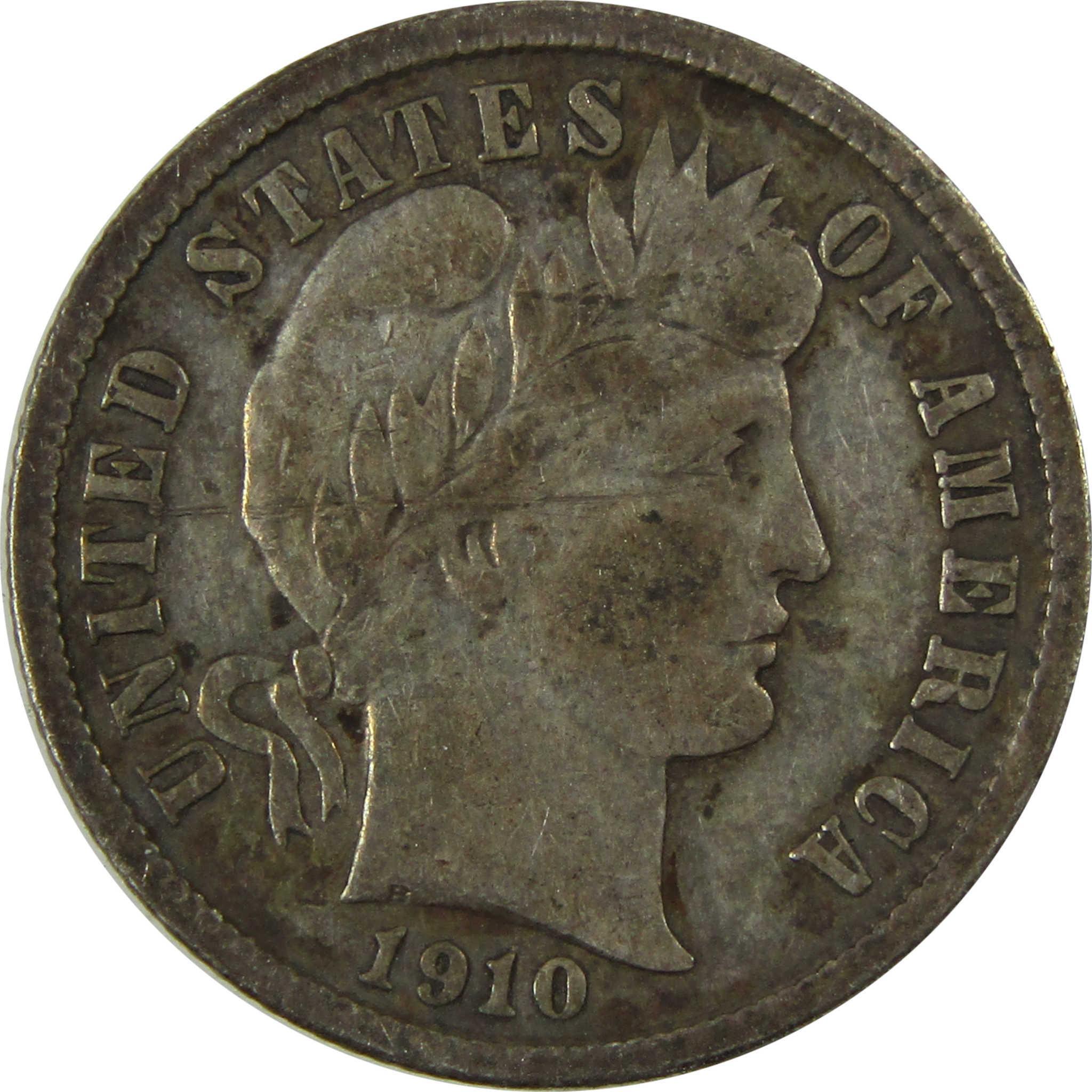 1910 Barber Silver Dime F Fine Details 10c Coin Collectible SKU:CP1035