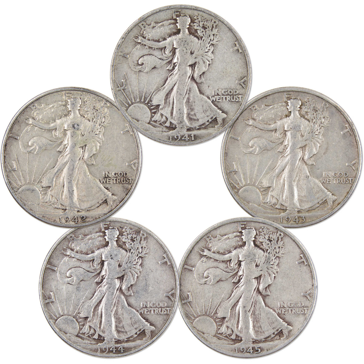 1941-1945 Liberty Walking Silver Half Dollar 5 Coin Set Circulated