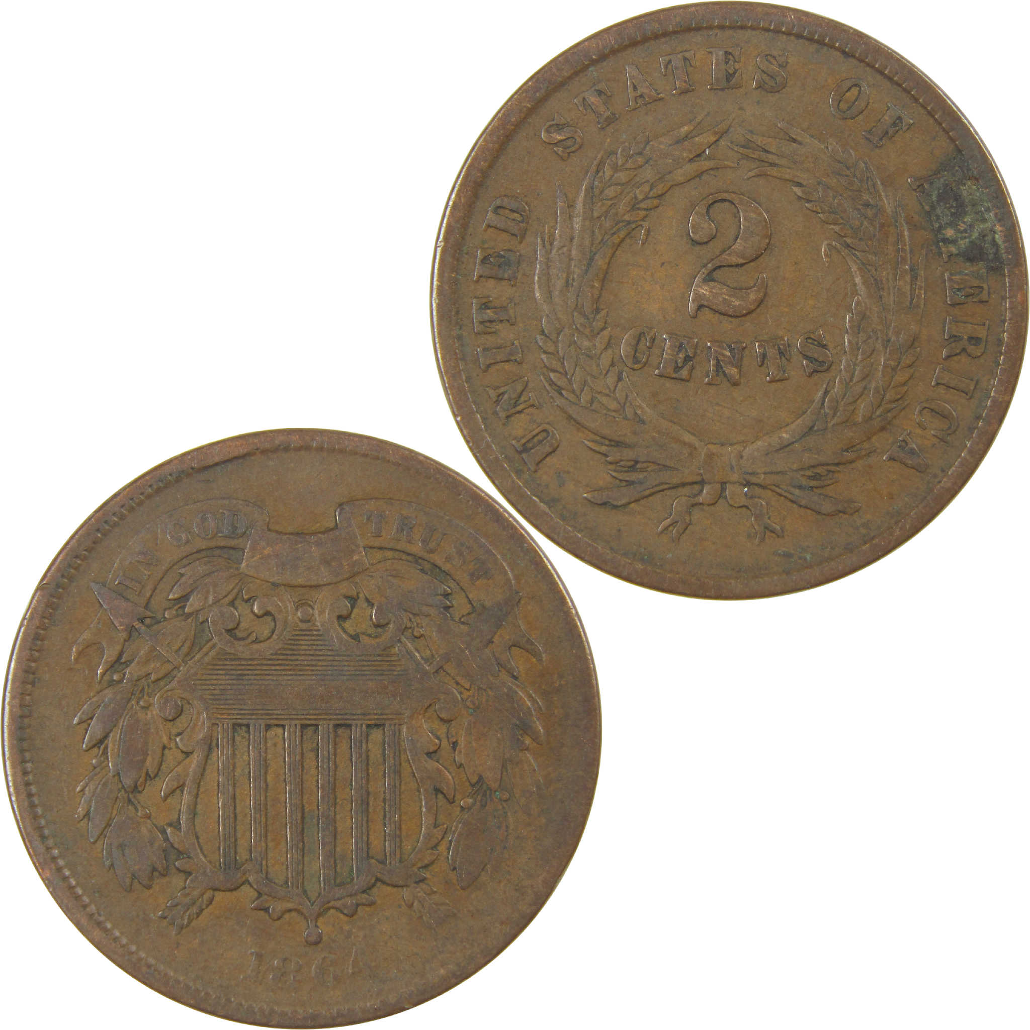 1864 Large Motto Two Cent Piece F Fine 2c Coin